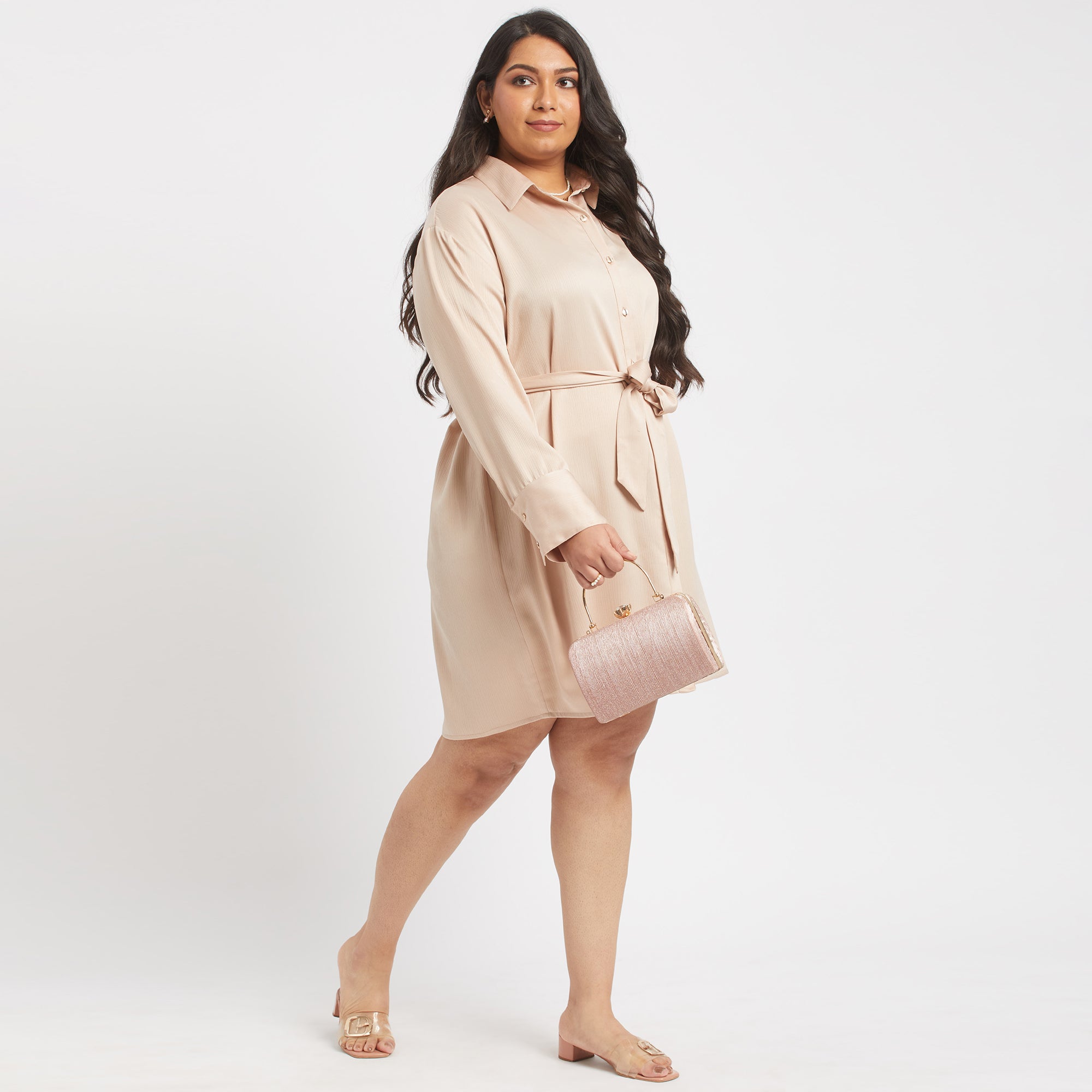 Beige Satin Shirt Dress