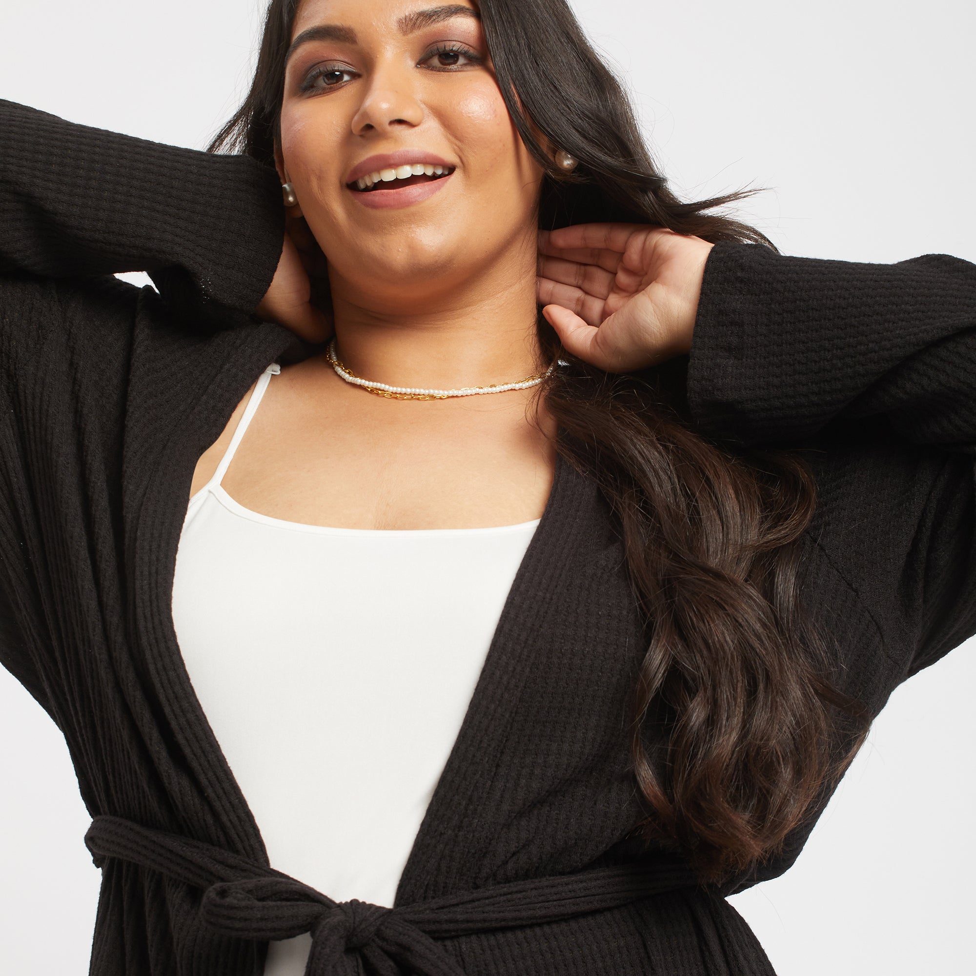 Black waffle knit maxi shrug