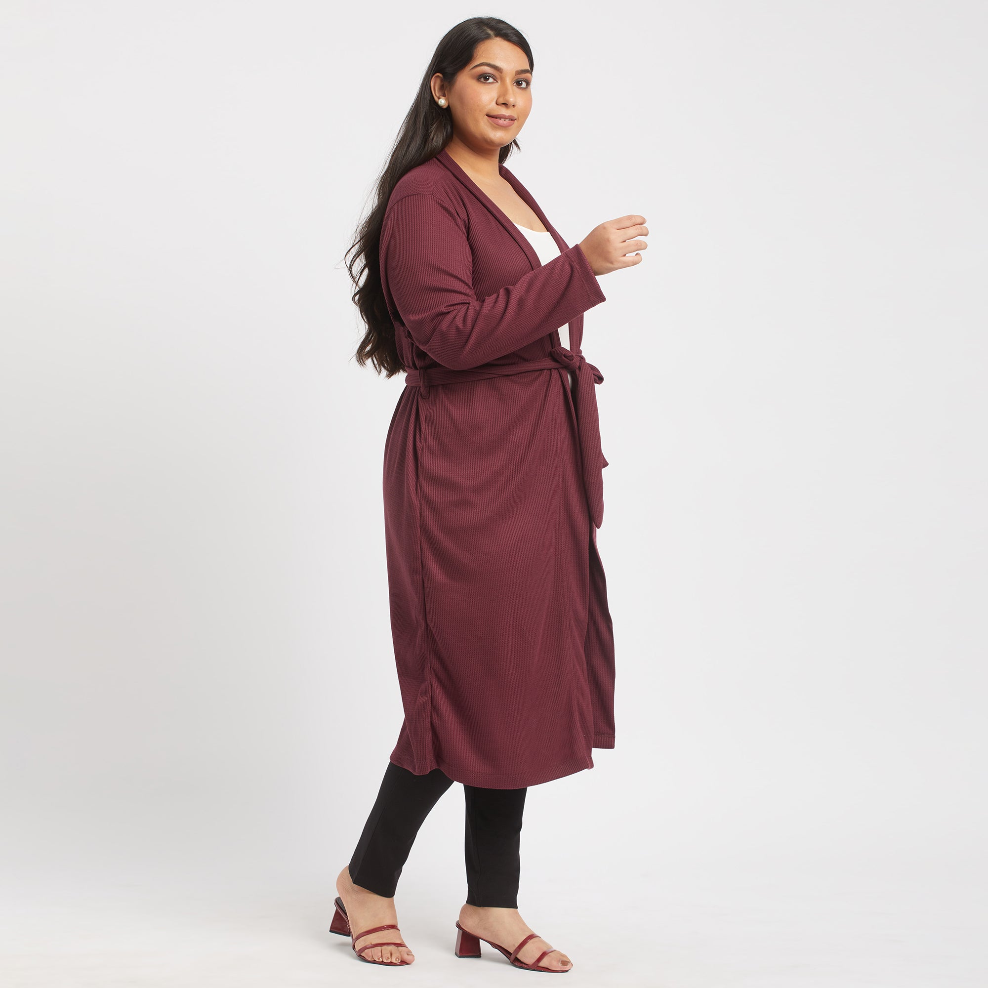 Maroon waffle knit maxi shrug