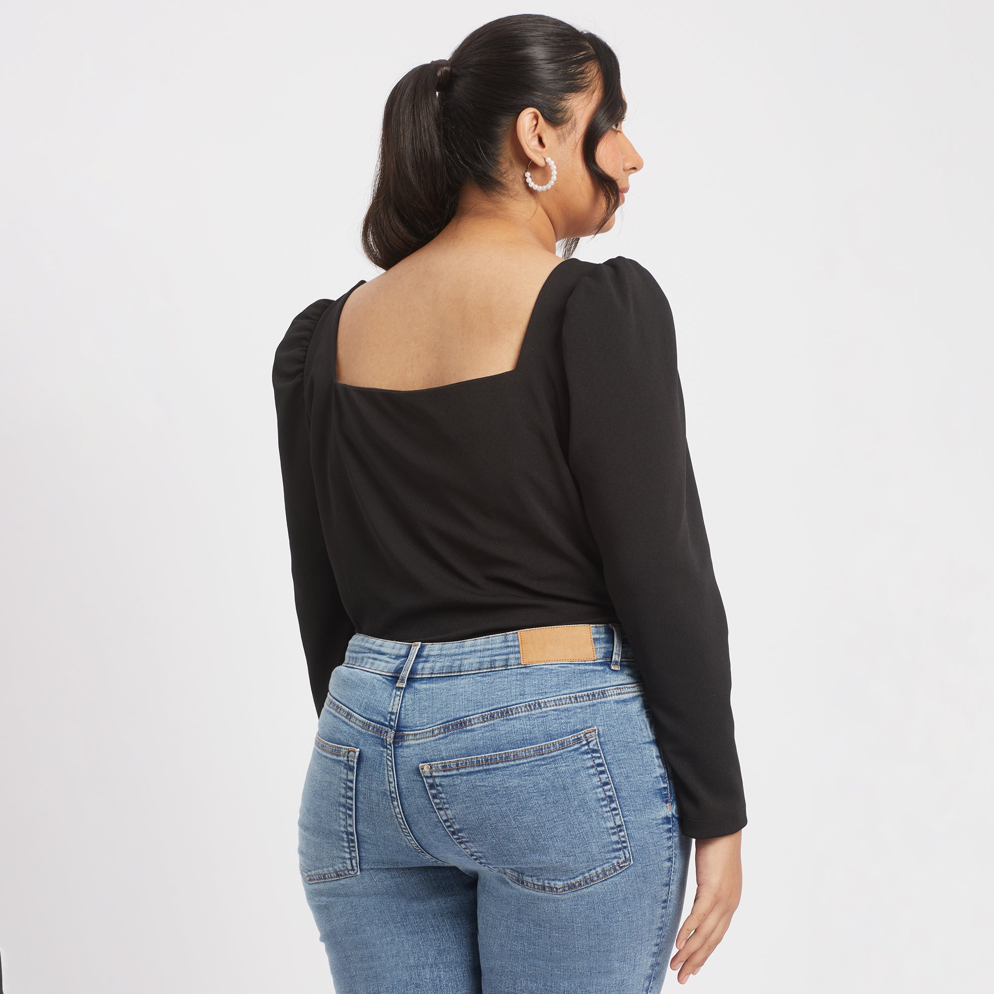 Black textured knit square neck puff sleeves top