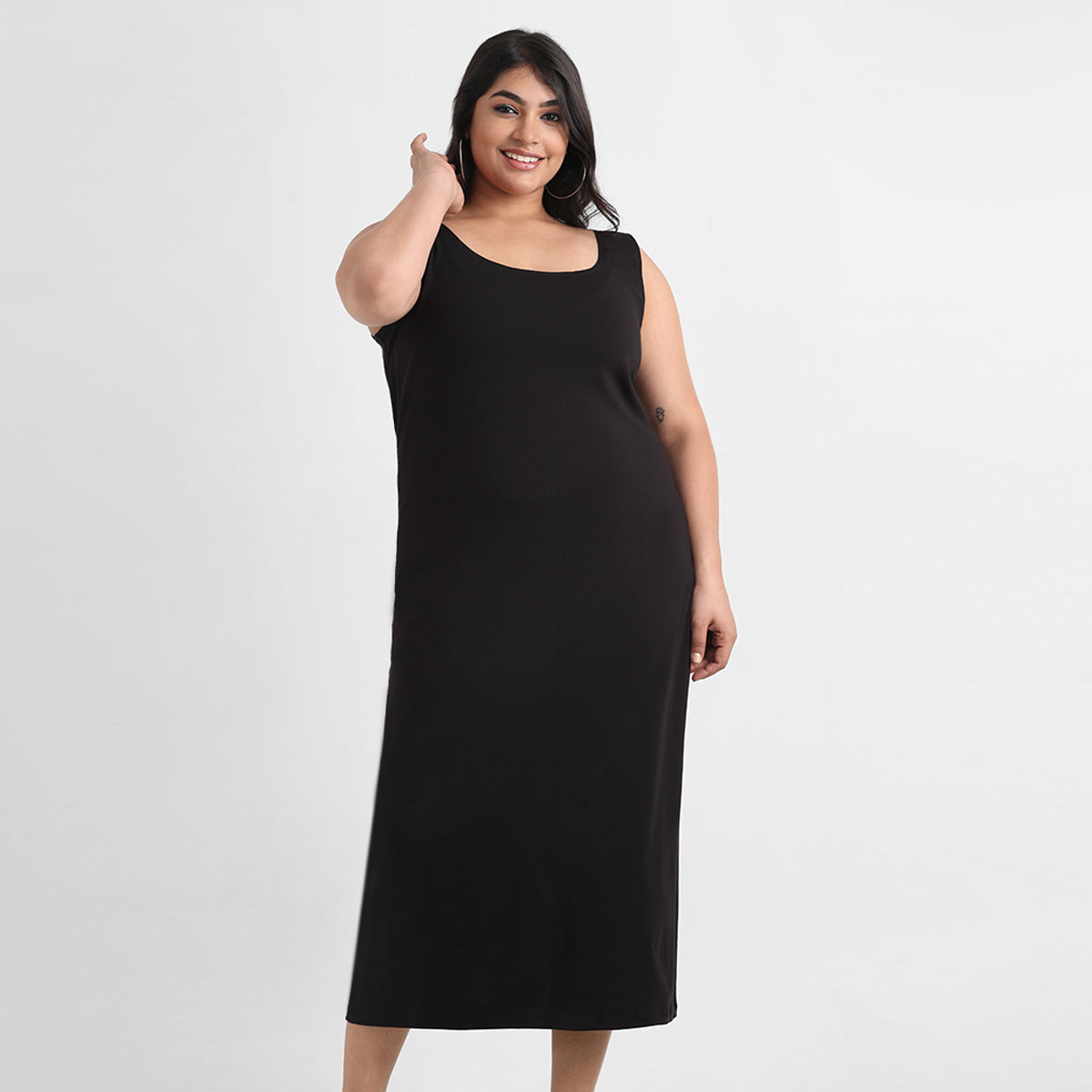 Black Ribbed Sleeveless Cotton Bodycon Midi Dress
