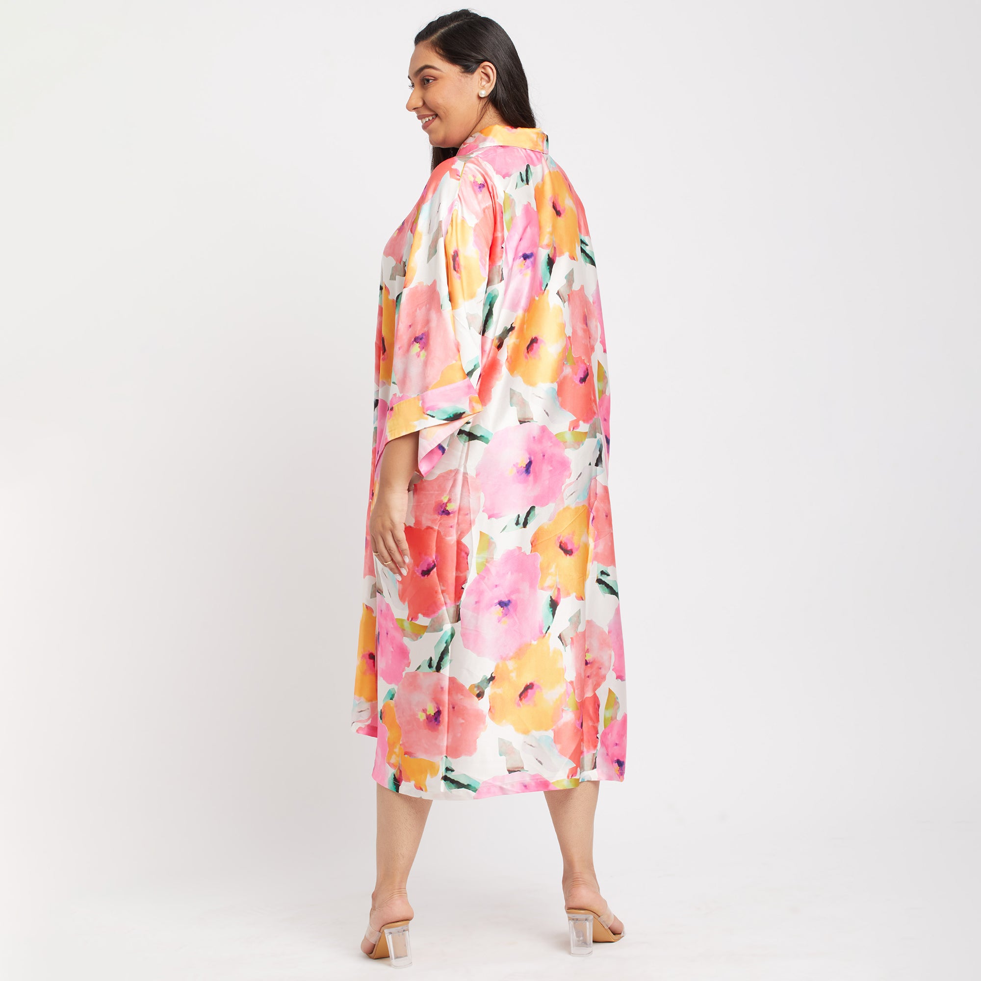 Pink Floral Satin Print Kaftan