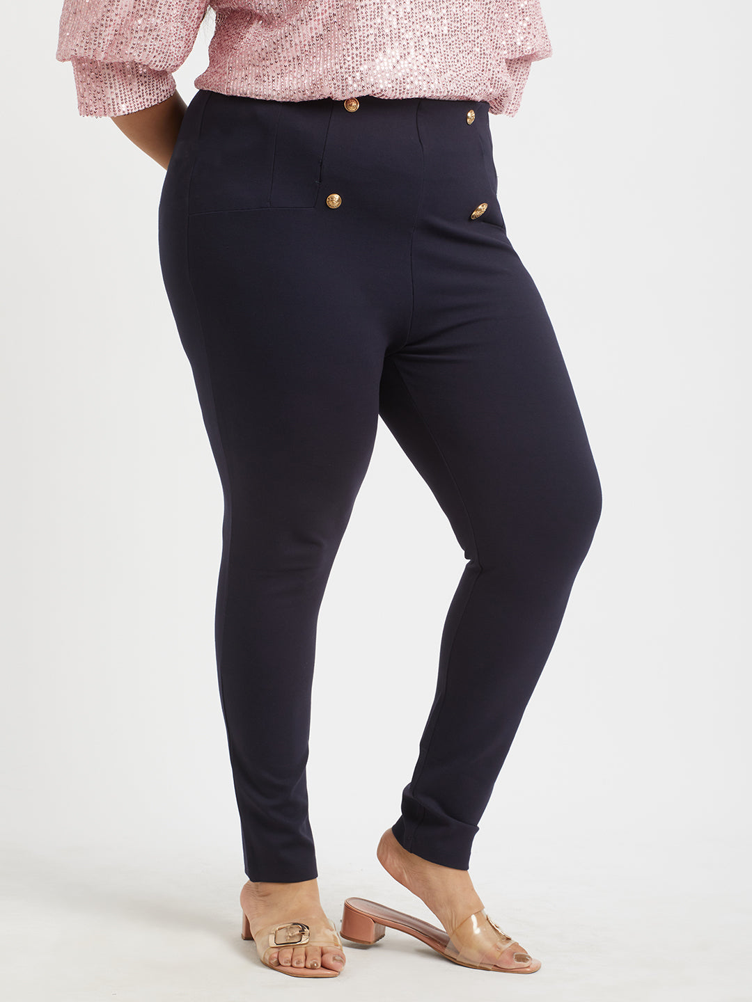 Navy Buttoned Tailored Trousers