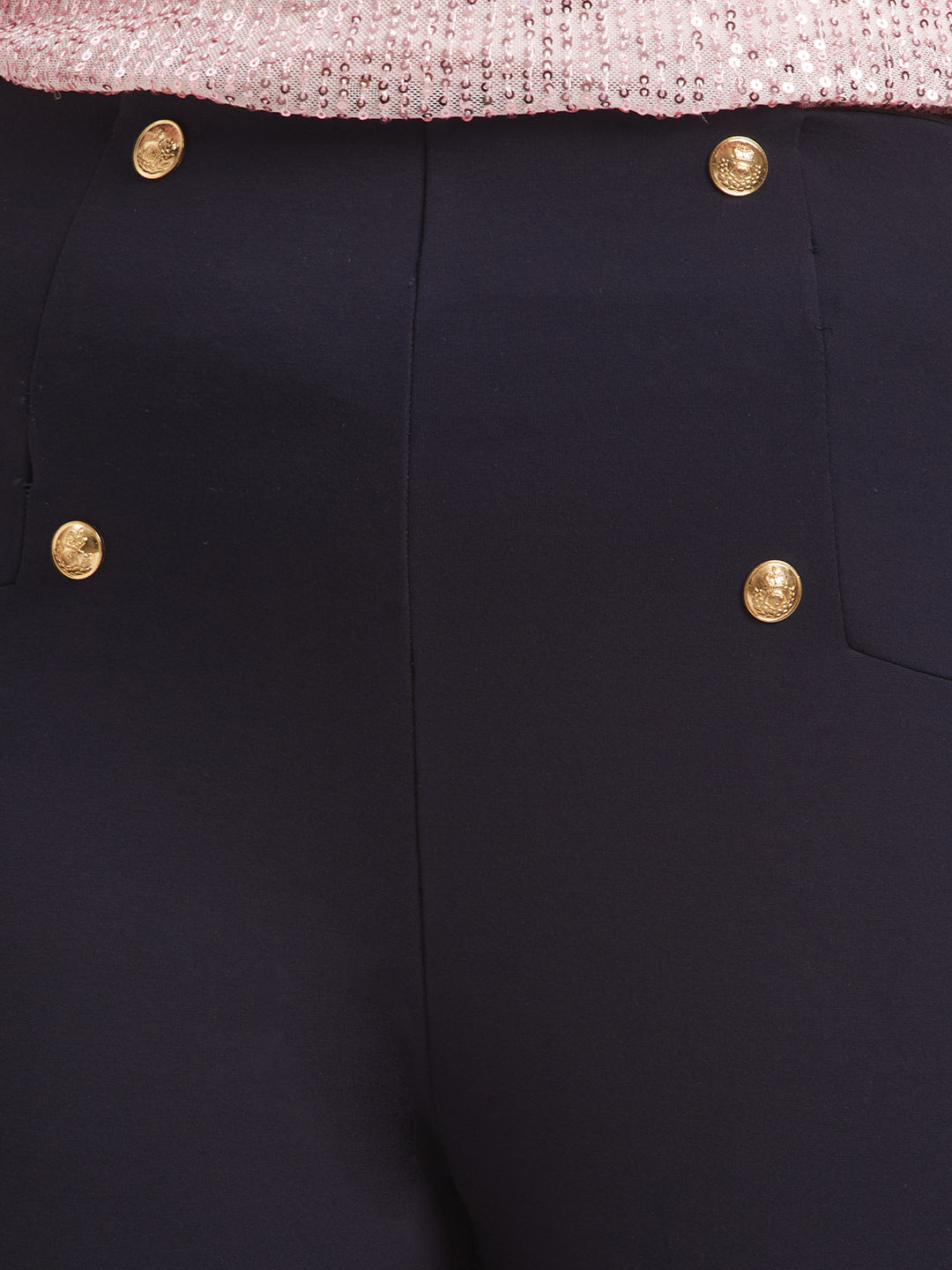 Navy Buttoned Tailored Trousers