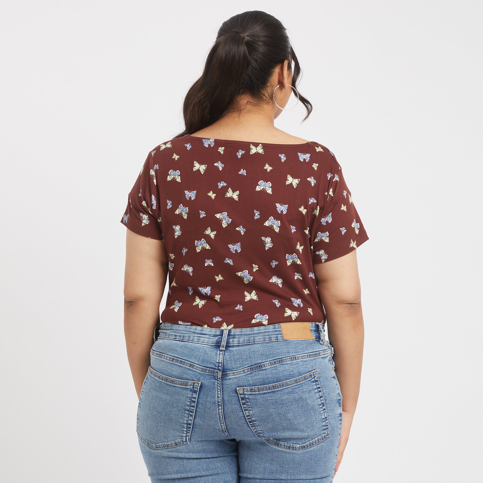 Brown butterfly print square neck Top