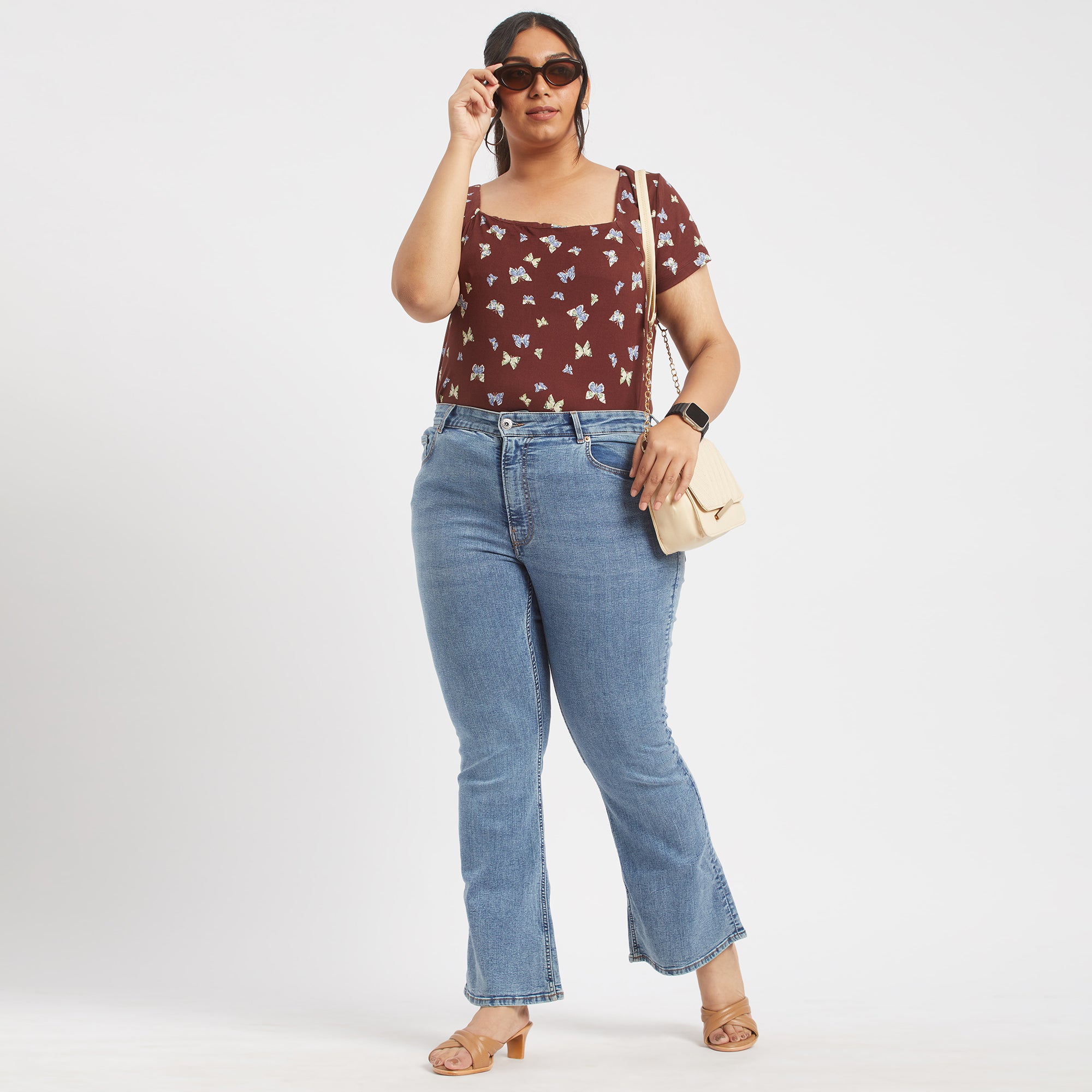 Brown butterfly print square neck Top