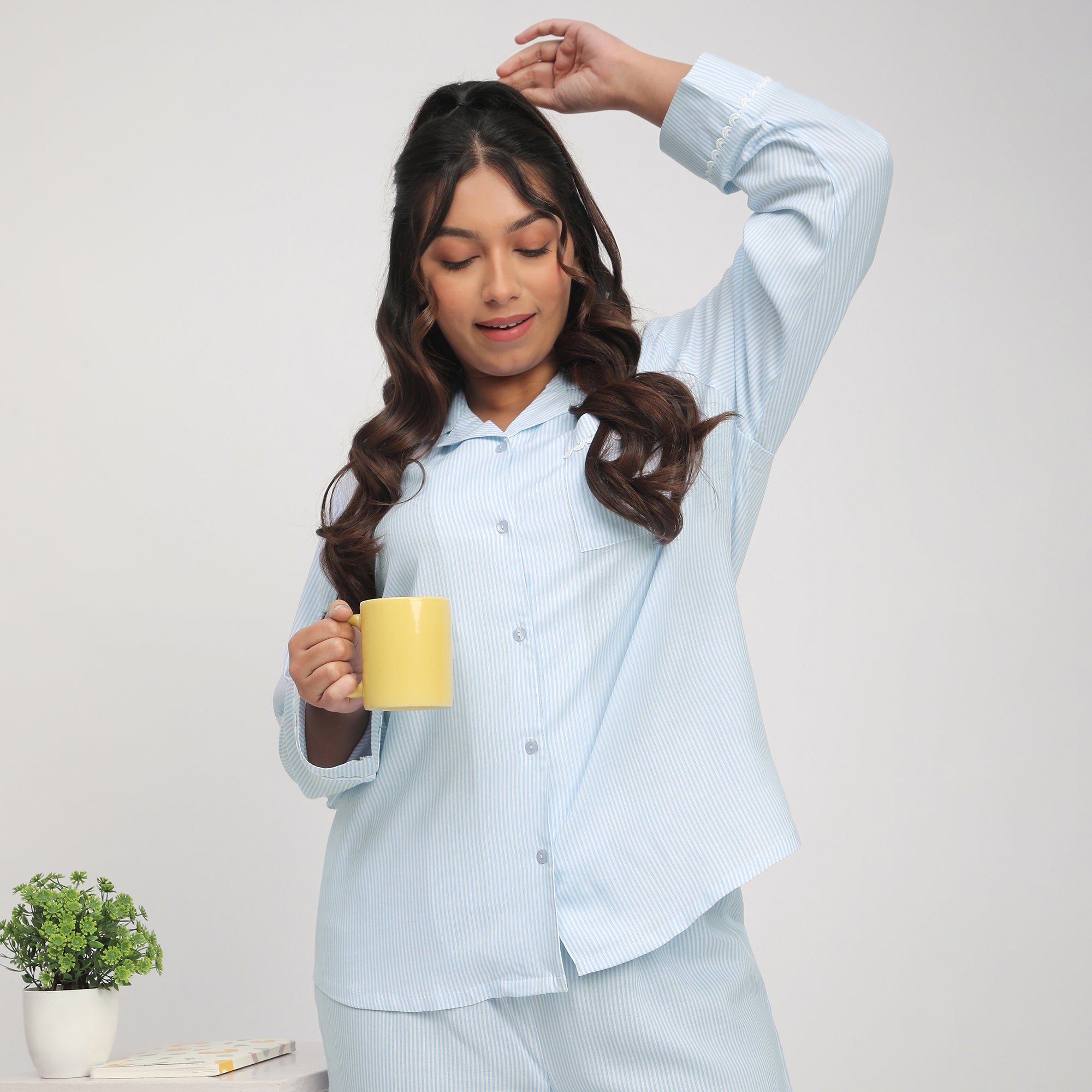 Blue & White Plus Size Striped Viscose PJ Set with Lace Inserts