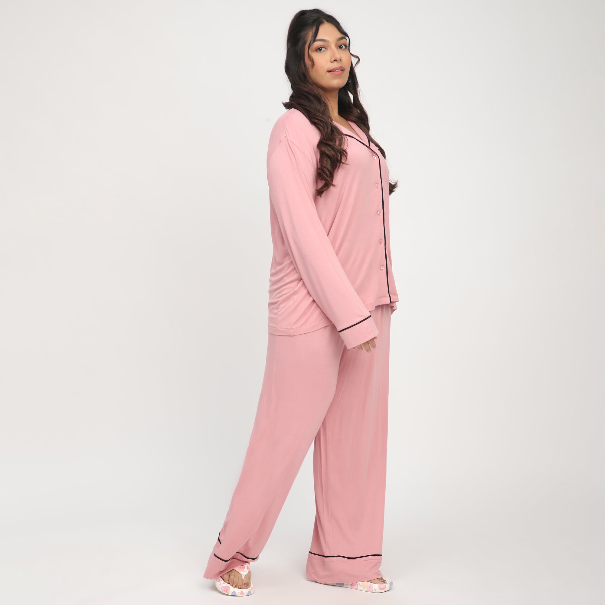 Blush Plus Size Viscose Knit PJ Set with Contrast Piping