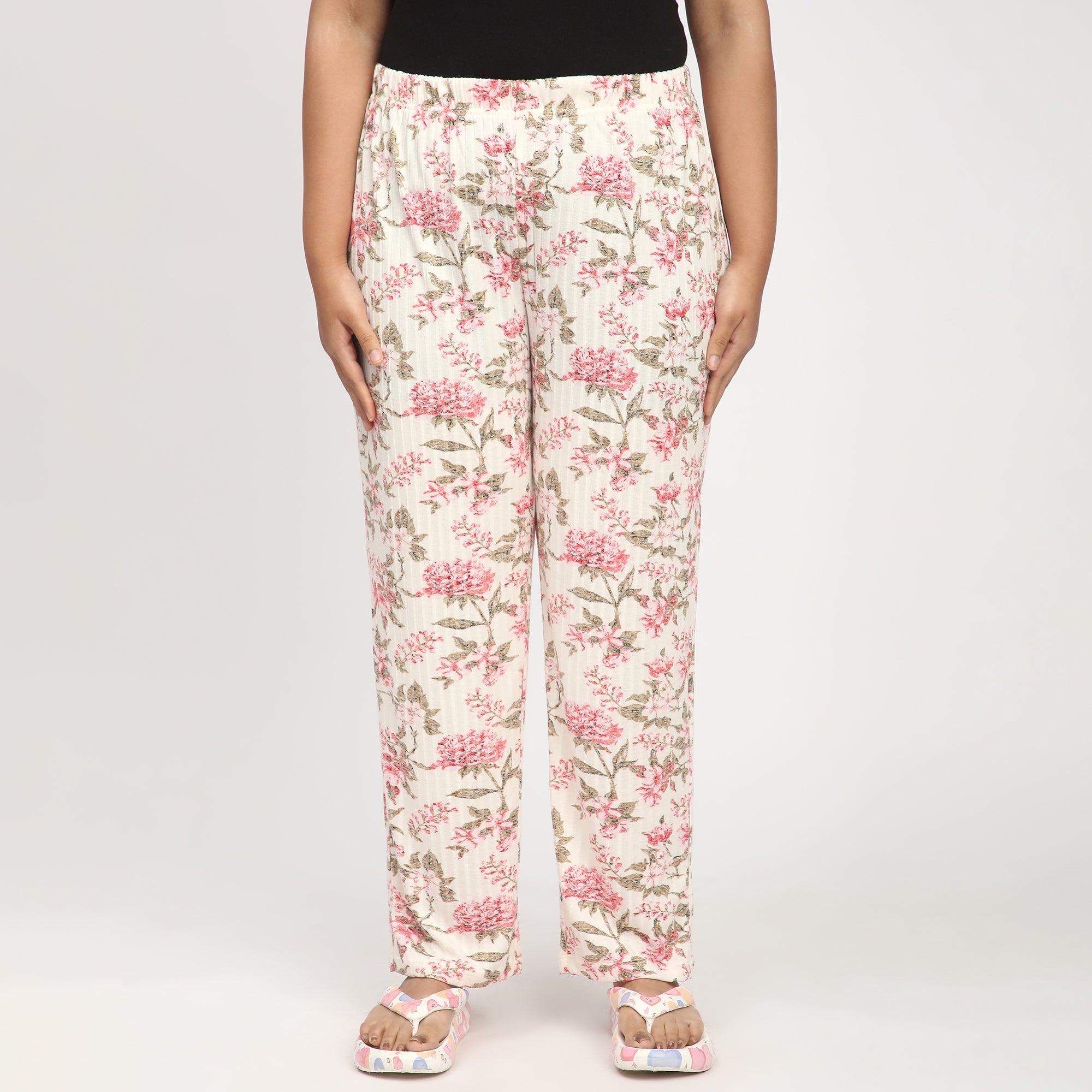 Cream Floral Print Ribbed Viscose PJ Set
