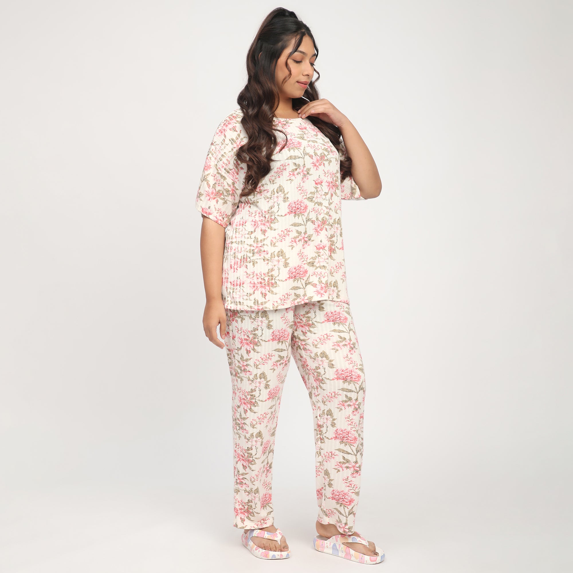 Cream Floral Print Ribbed Viscose PJ Set