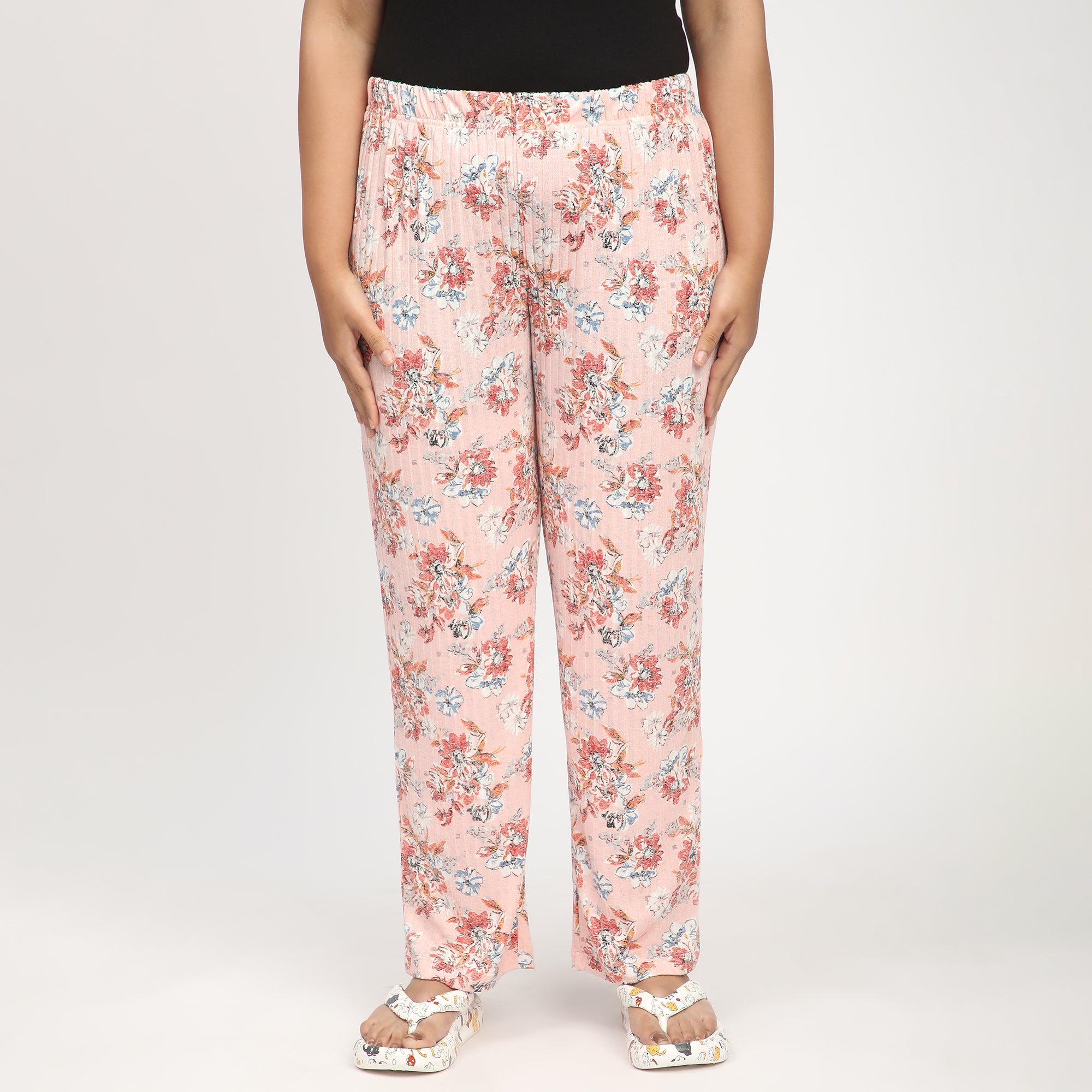 Peach Floral Print Ribbed Viscose PJ Set