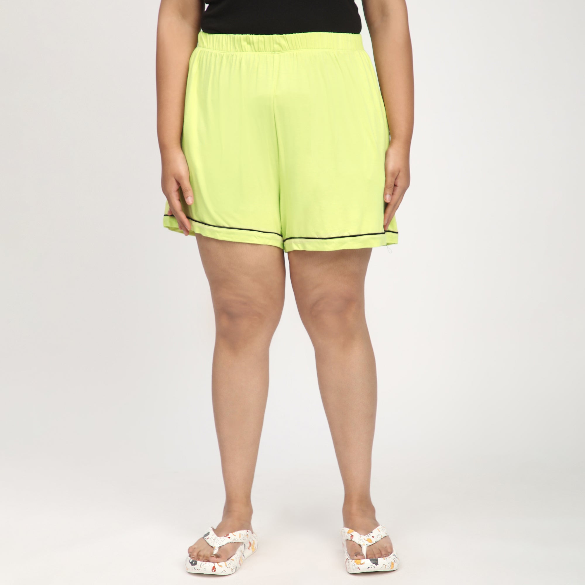 Lime Green Plus Size Viscose Knit Short Set with Contrast Piping