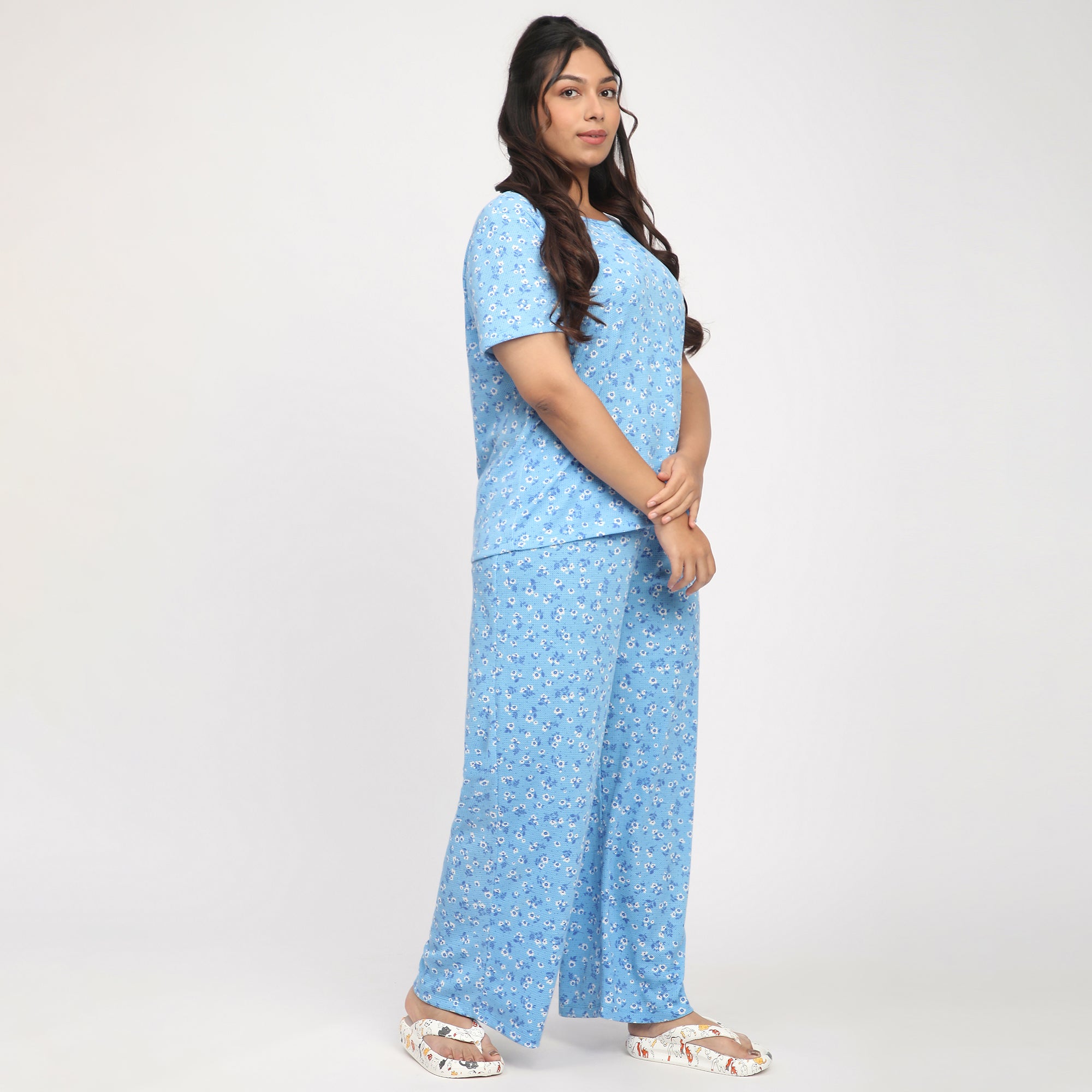 Sky Blue Printed Waffle Plus Size PJ Set