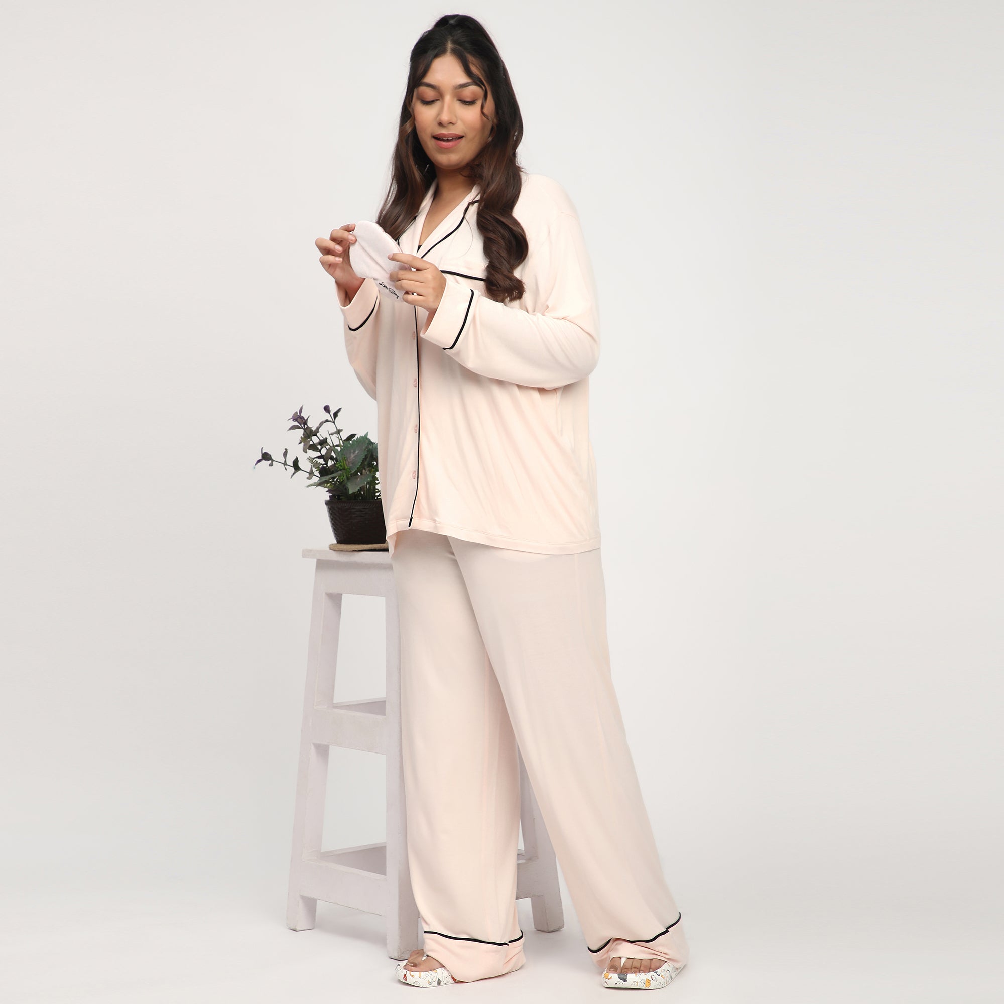 Peach Plus Size Viscose Knit PJ Set with Contrast Piping