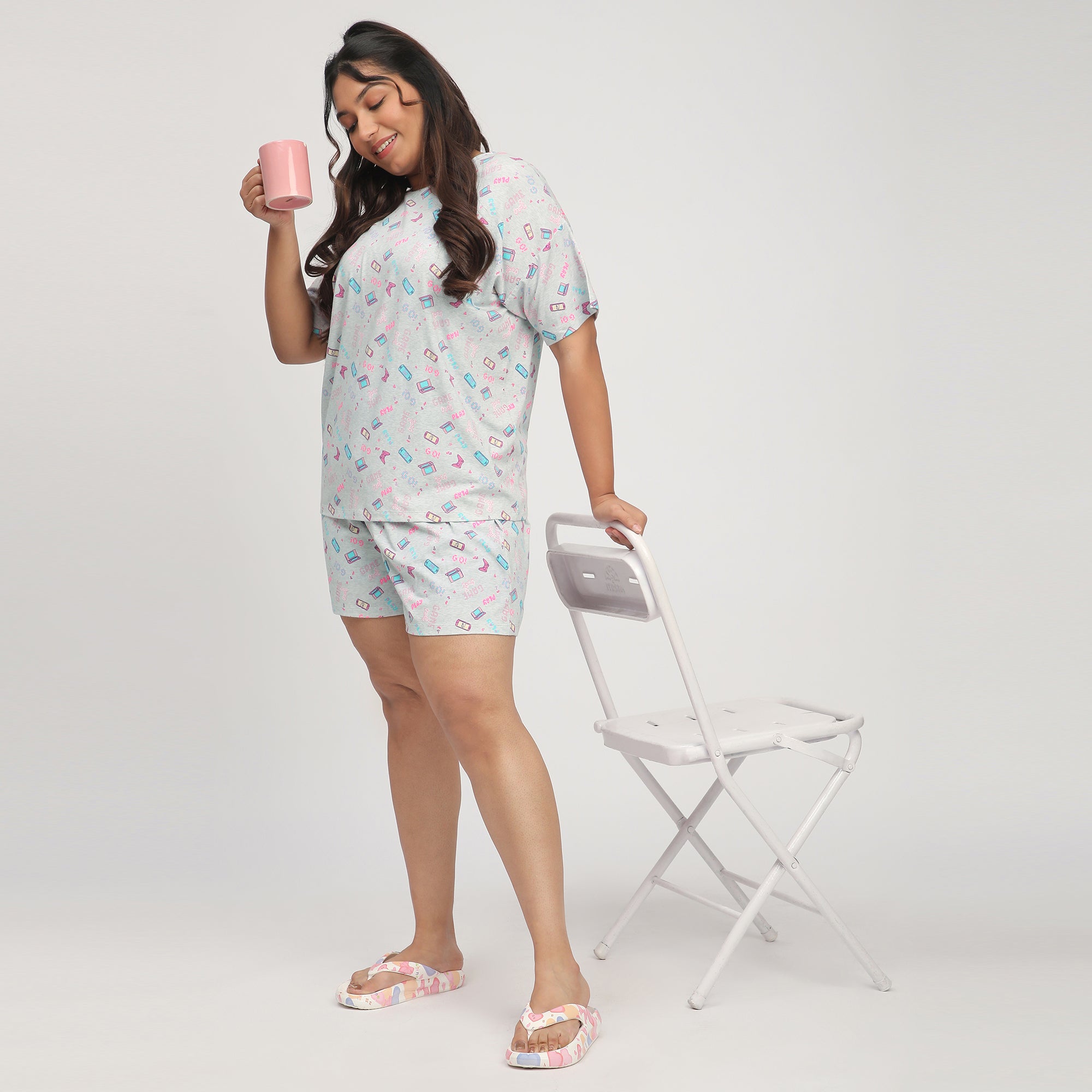 Gray Printed Cotton Jersey Short Set