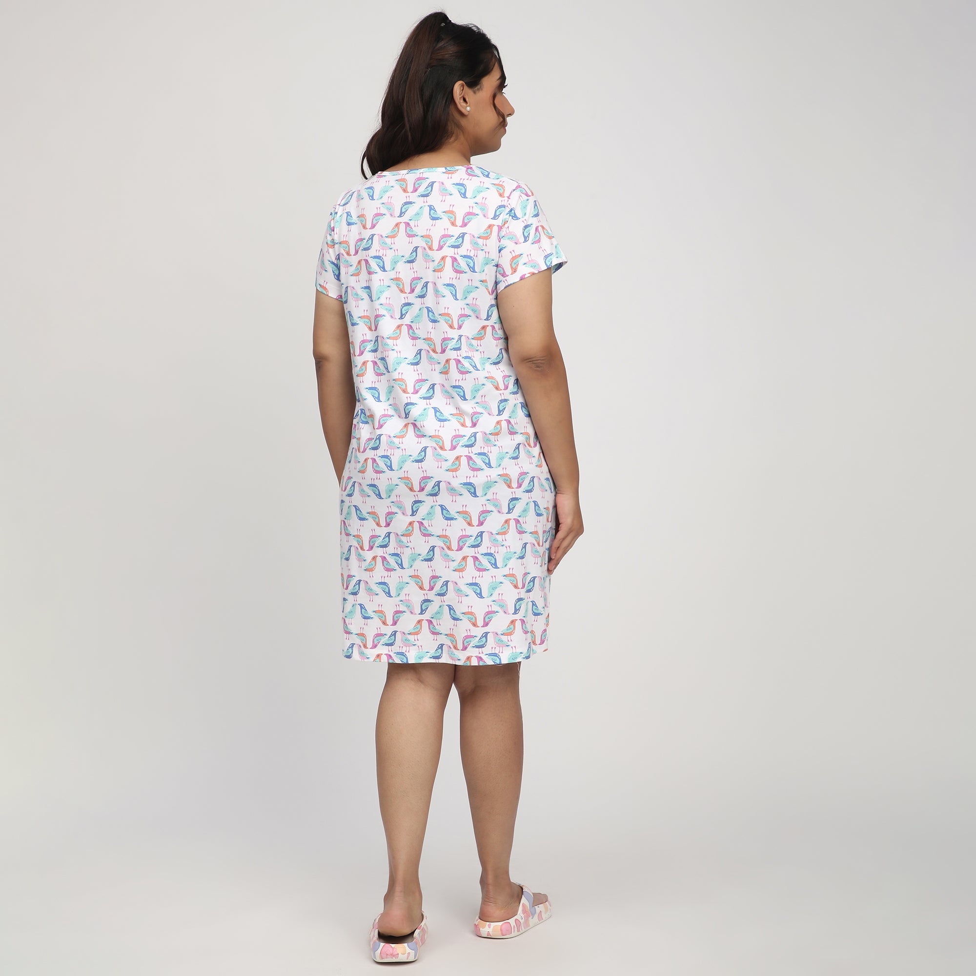 White Bird Print Plus Size Cotton Jersey Sleep Dress