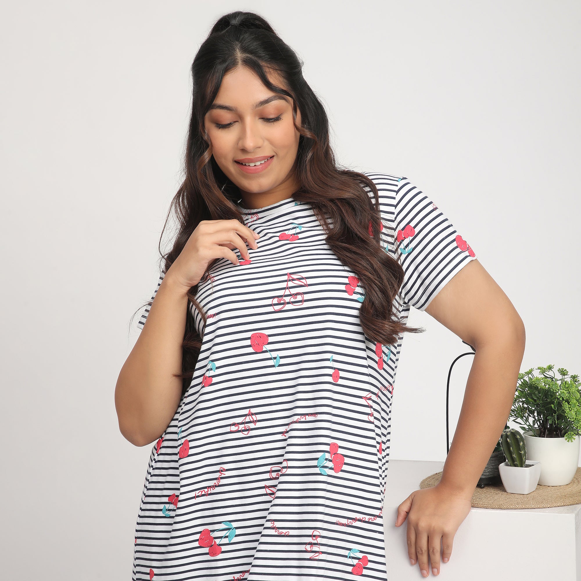 Gray Striped Plus Size Cotton Jersey Sleep Dress