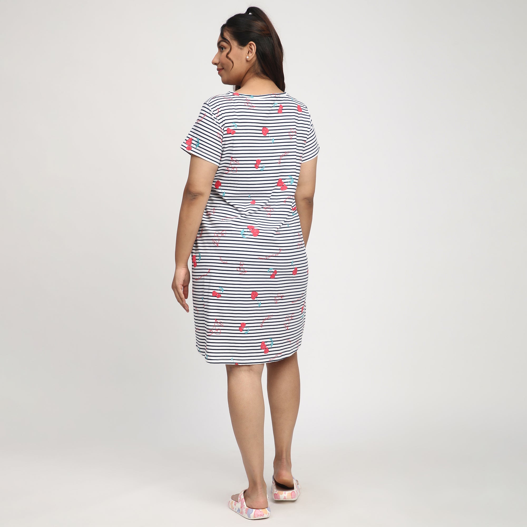 Gray Striped Plus Size Cotton Jersey Sleep Dress