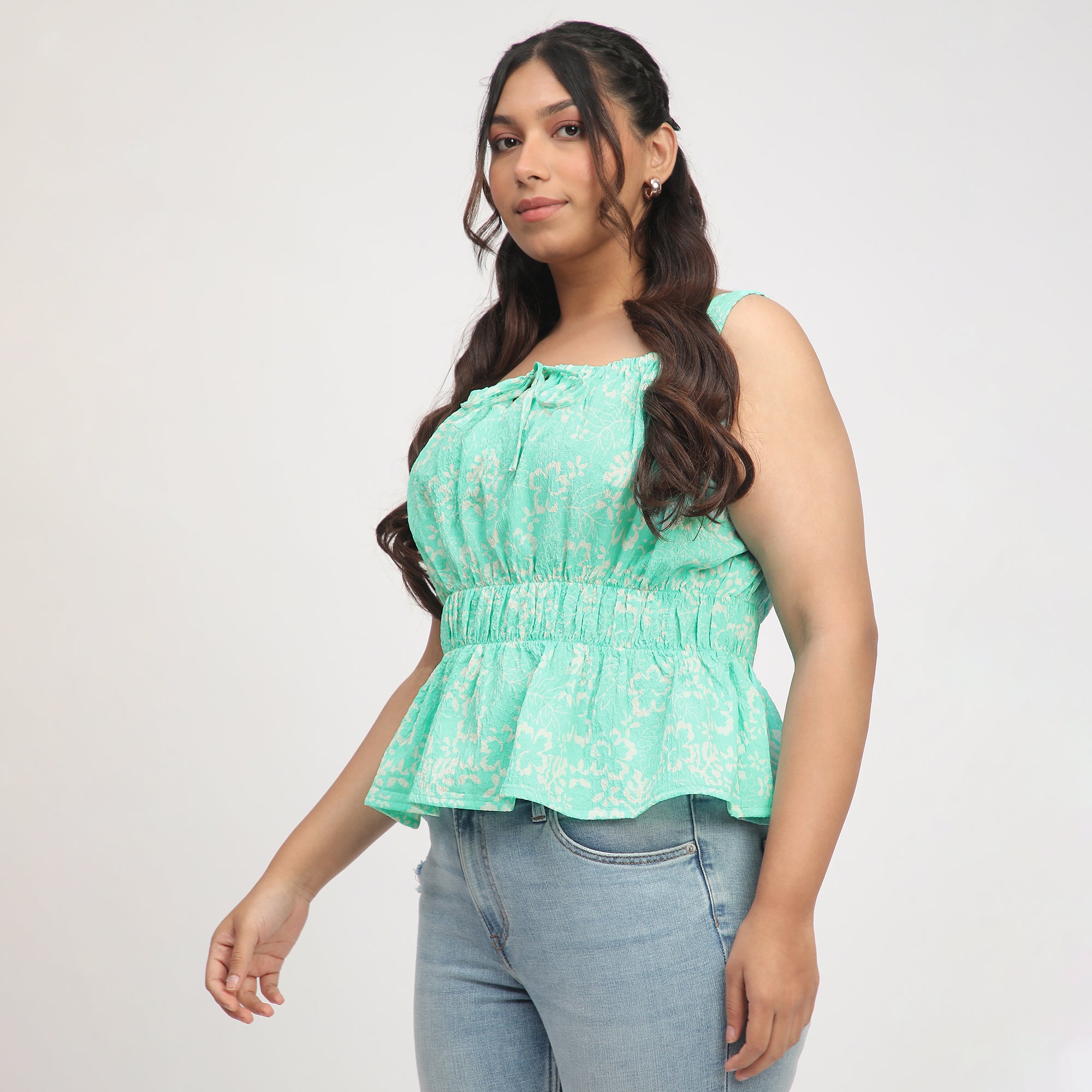 Green Plus Size Ditsy Floral Peplum Top