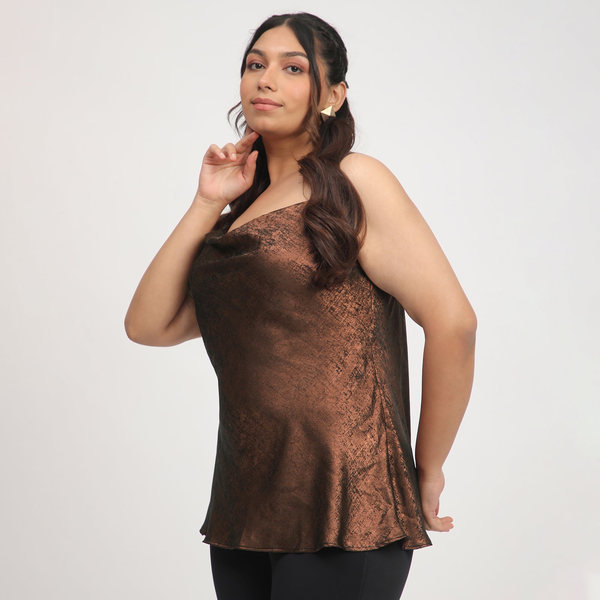 Bronze Foil Plus Size Cowl Neck Party Top