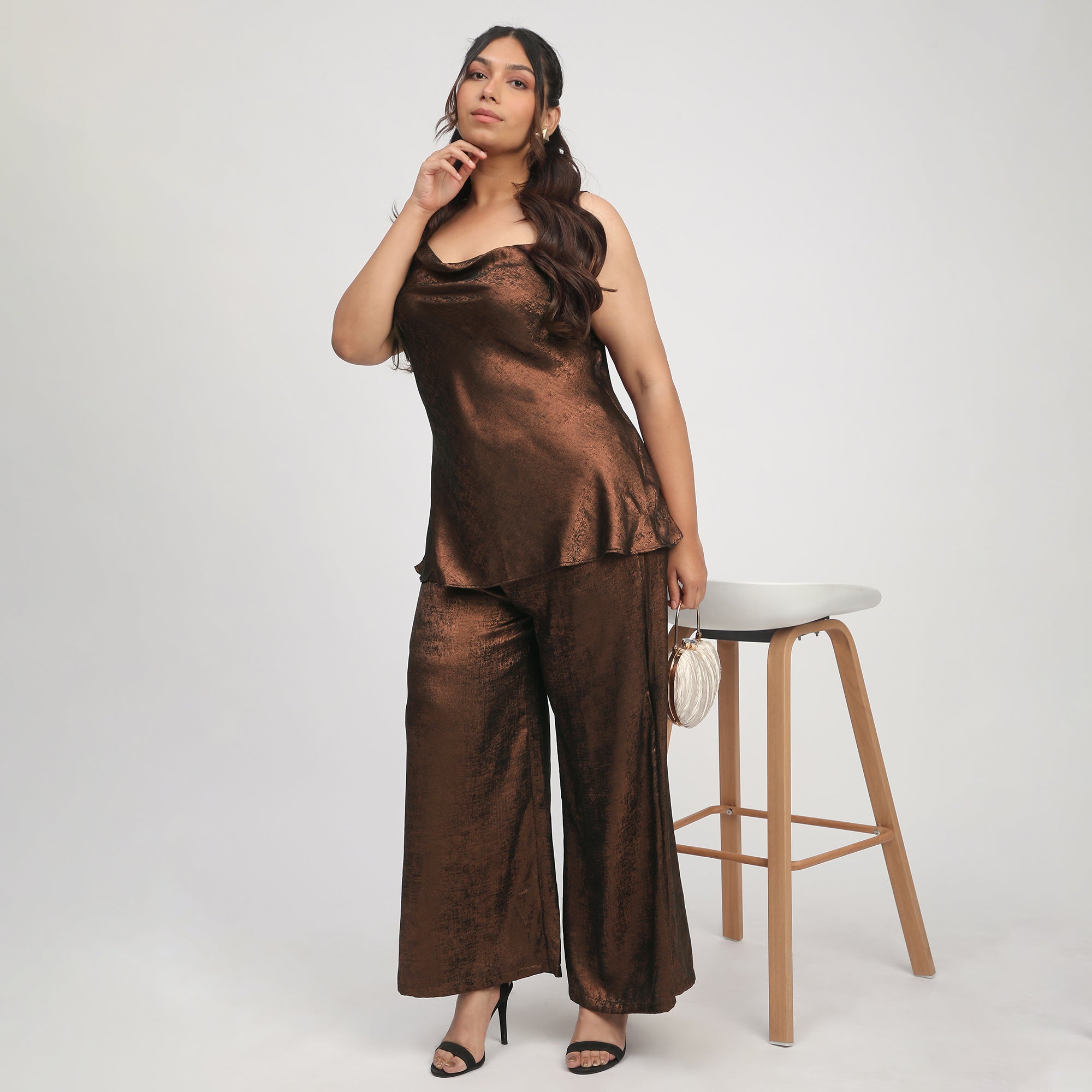 Bronze Foil Plus Size Cowl Neck Party Top