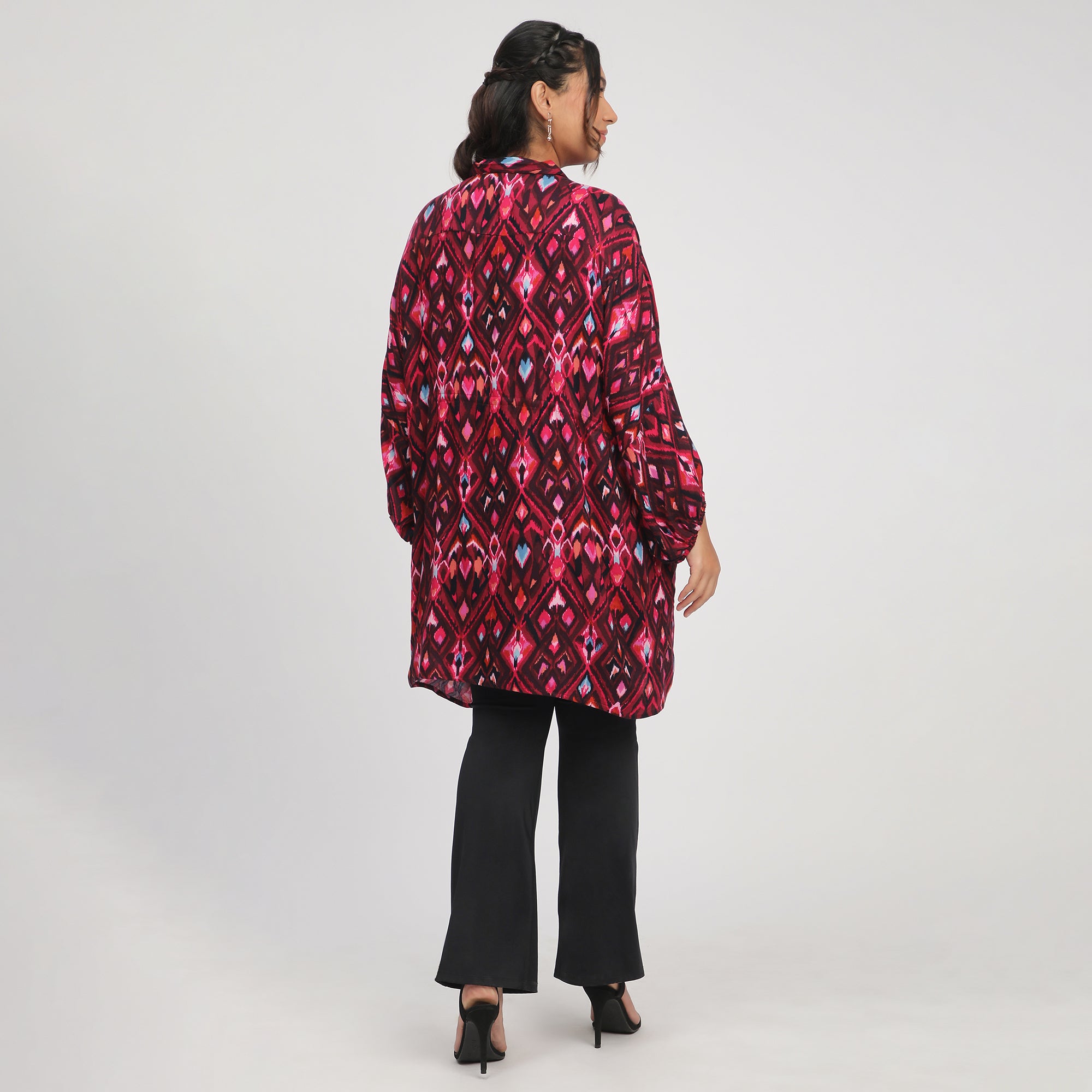 Dark Pink Plus Size Ikat Print Kaftan with Drawstrings
