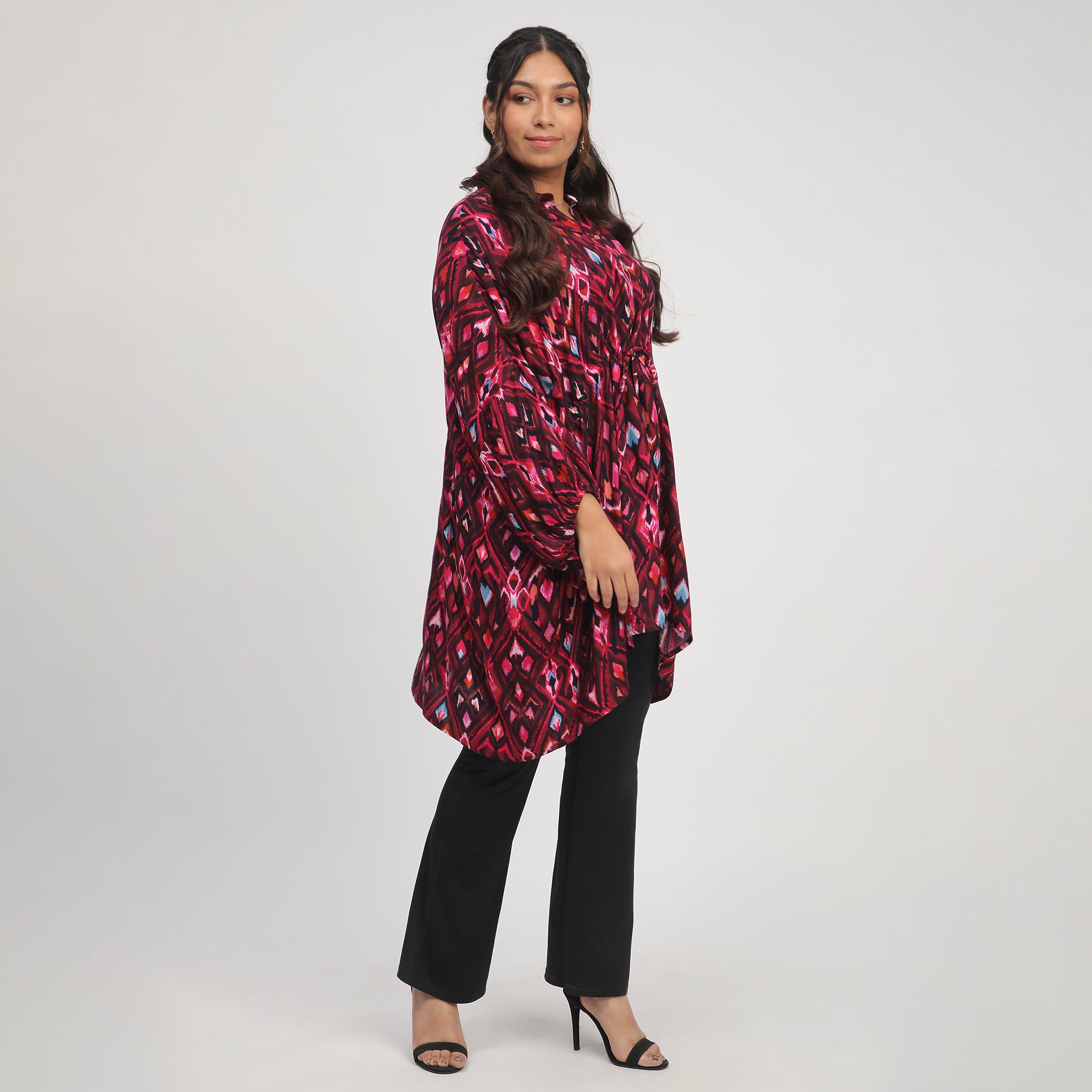 Dark Pink Plus Size Ikat Print Kaftan with Drawstrings