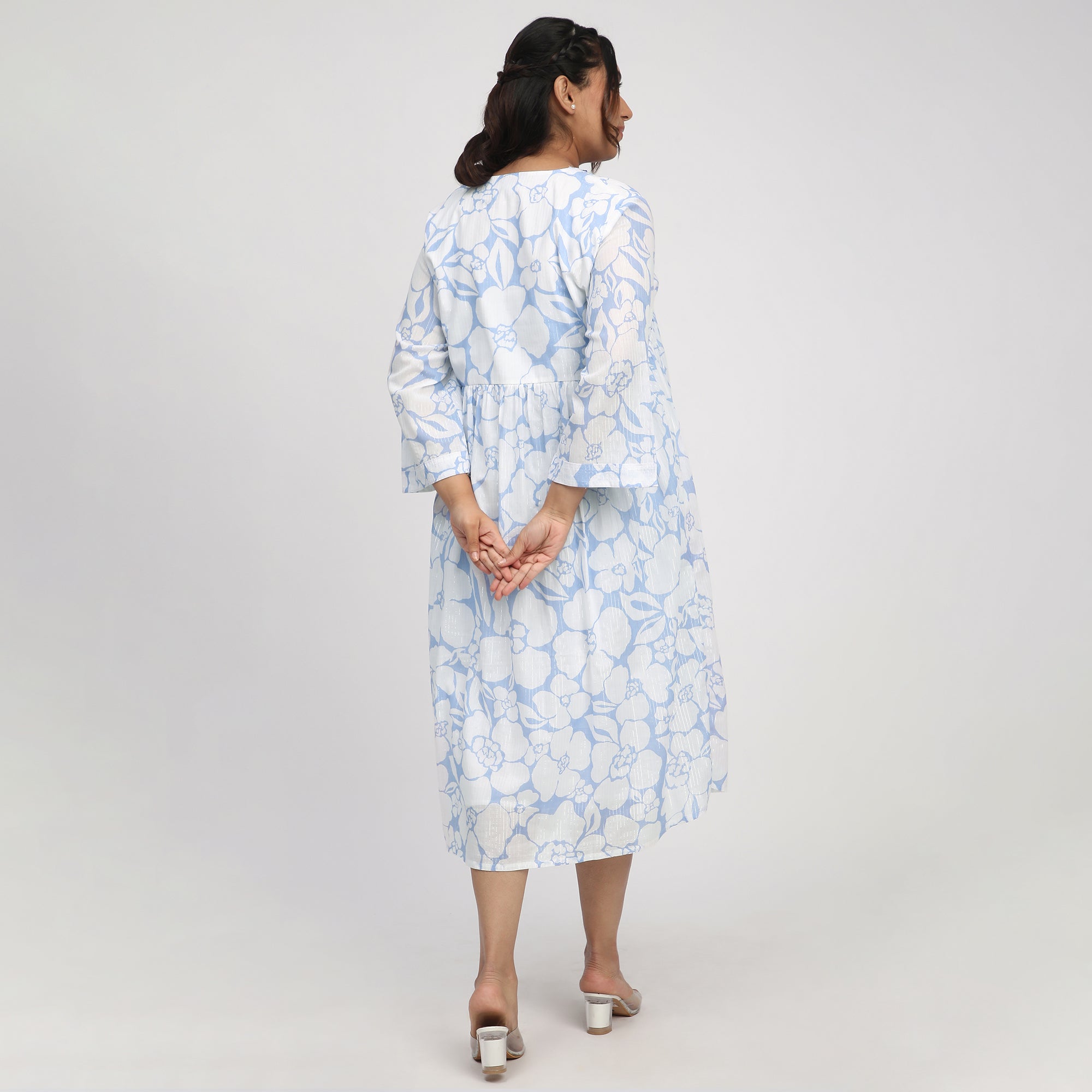 Blue & White Plus Size Floral Print Ethnic Dress with Beadwork