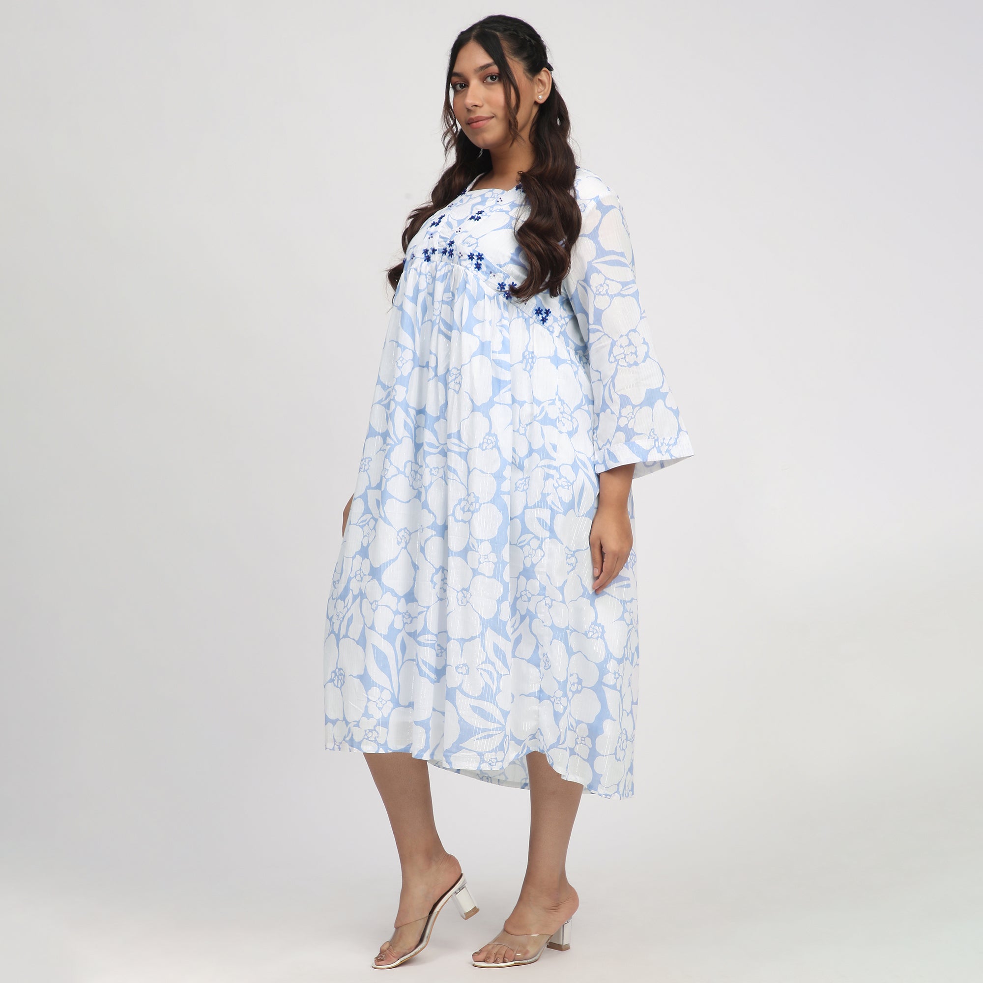 Blue & White Plus Size Floral Print Ethnic Dress with Beadwork