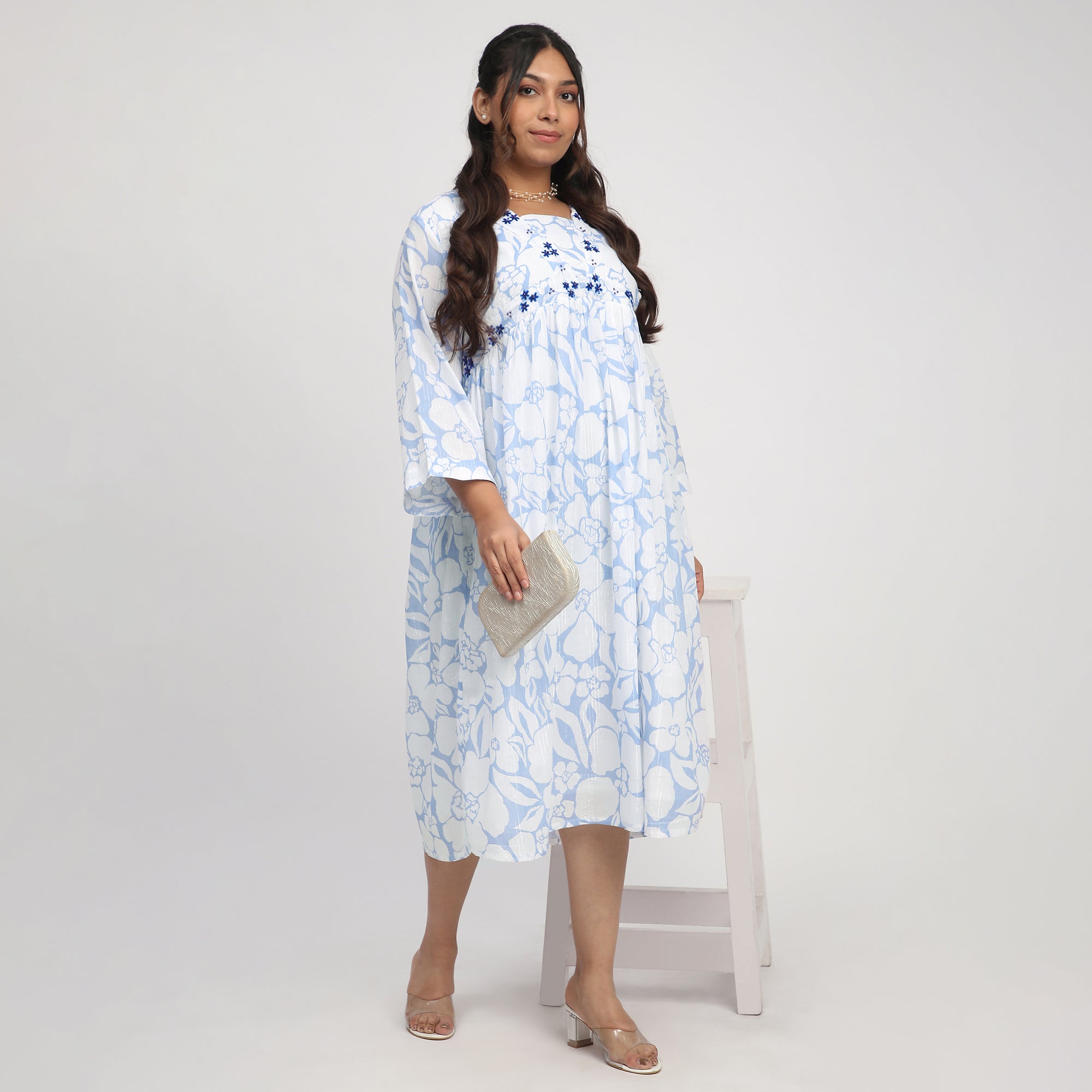 Blue & White Plus Size Floral Print Ethnic Dress with Beadwork