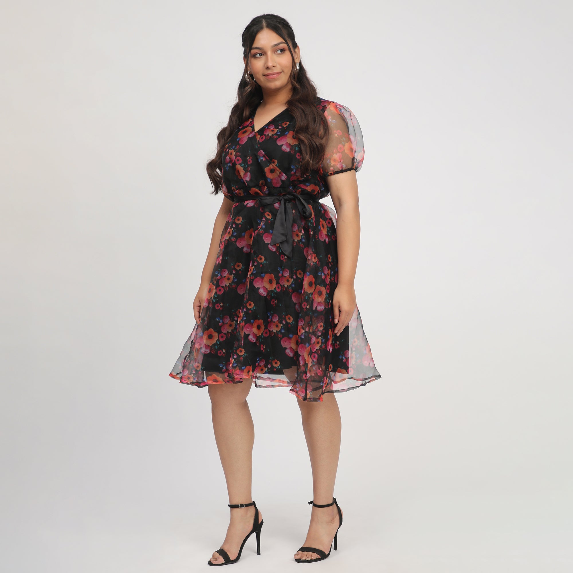 Black Plus Size Floral Printed Organza Overlap Dress