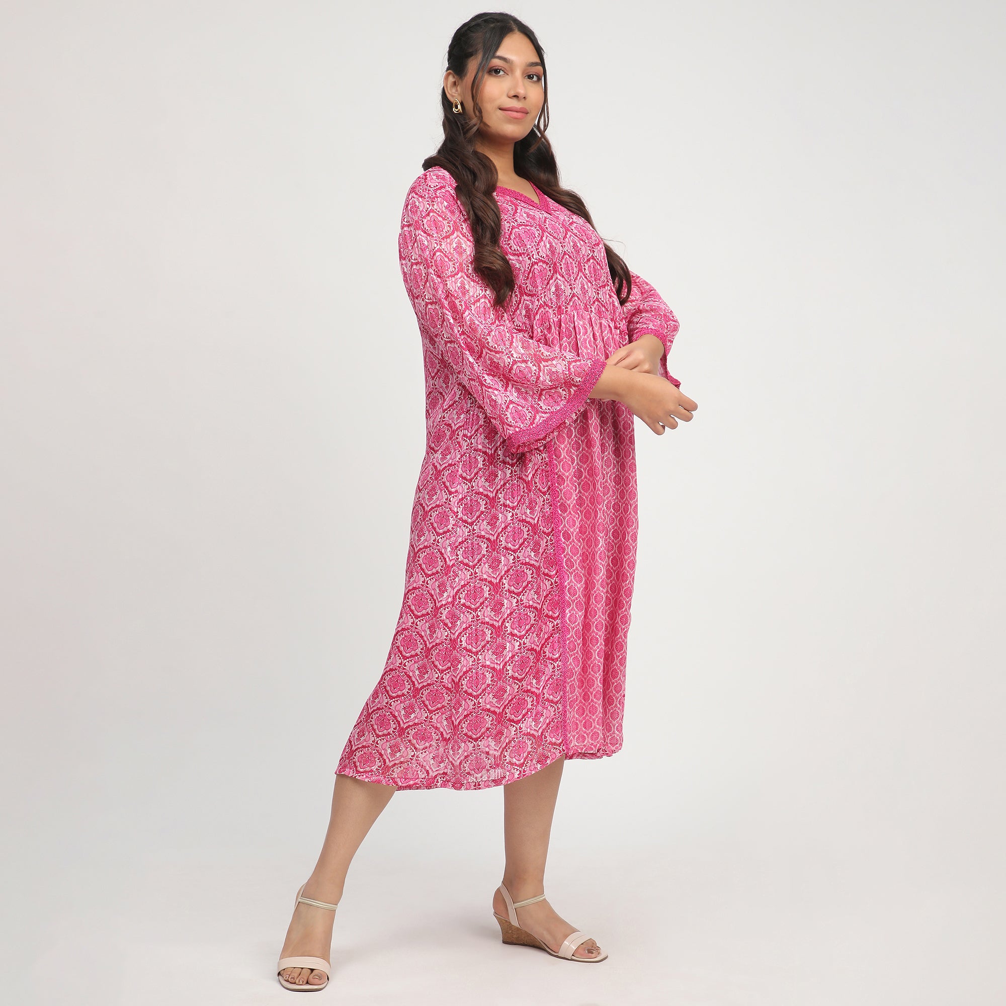 Magenta Mix & Match Print Plus Size Lace Embellished Ethnic Dress