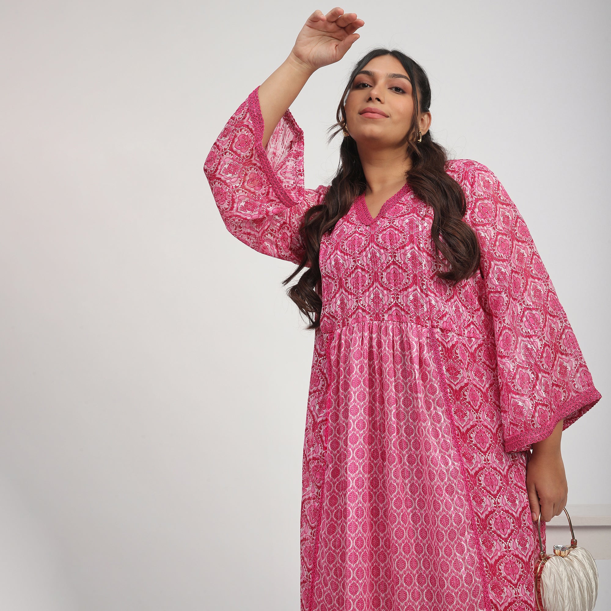 Magenta Mix & Match Print Plus Size Lace Embellished Ethnic Dress