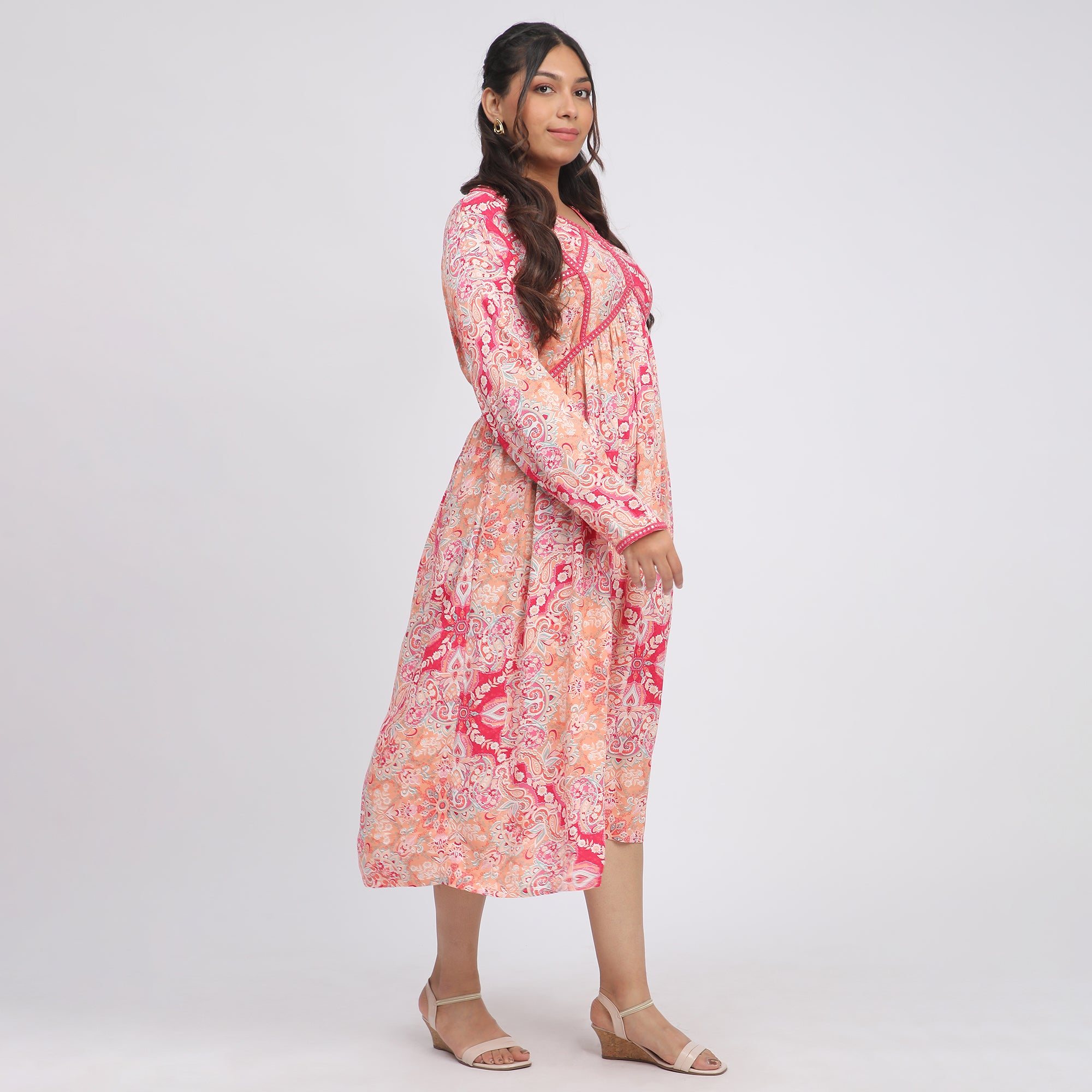 Multi-Color Abstract Print Plus Size Foil Lace Embellished Ethnic Dress