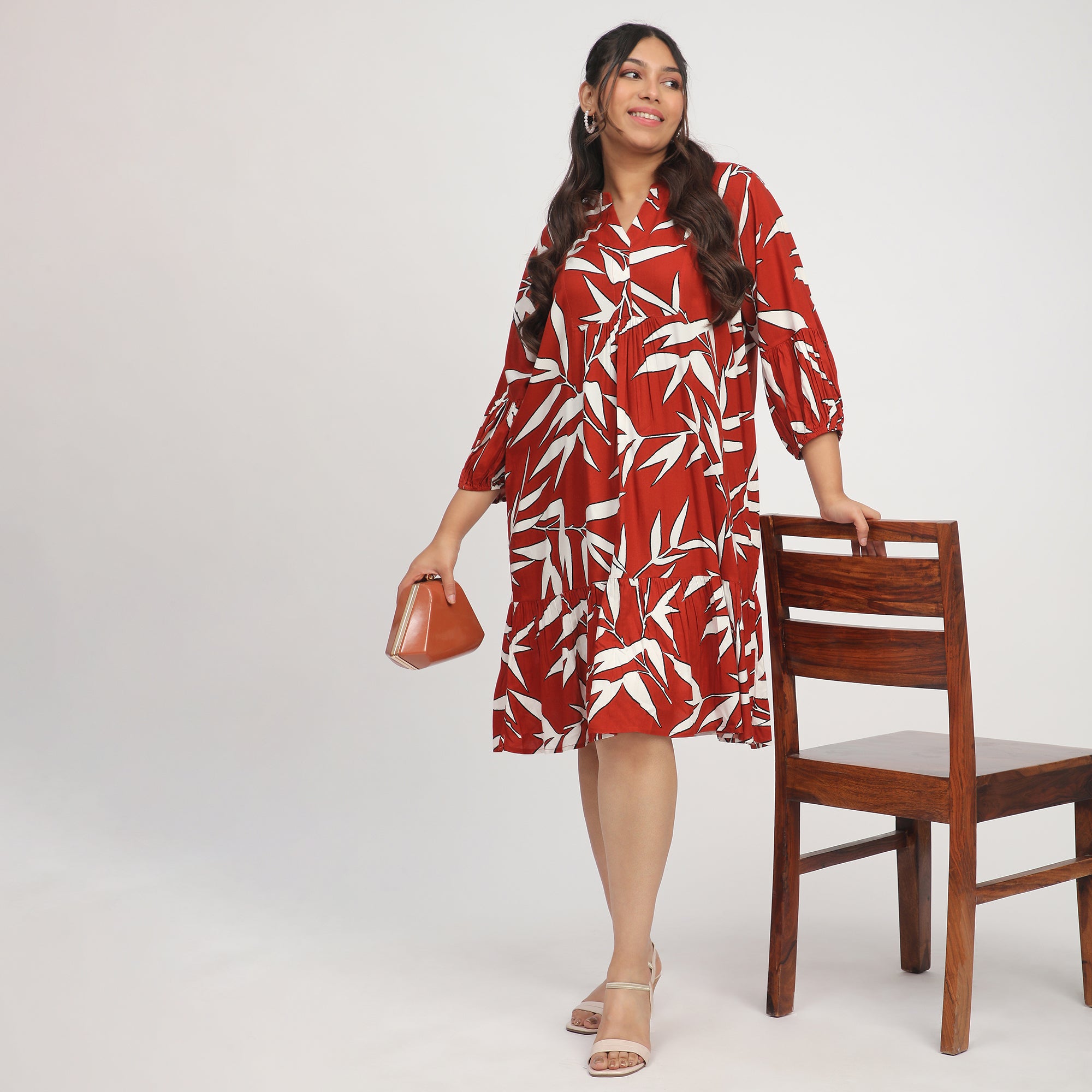 Rust Leaf Print Plus Size Shirt Dress with 3/4th Sleeves
