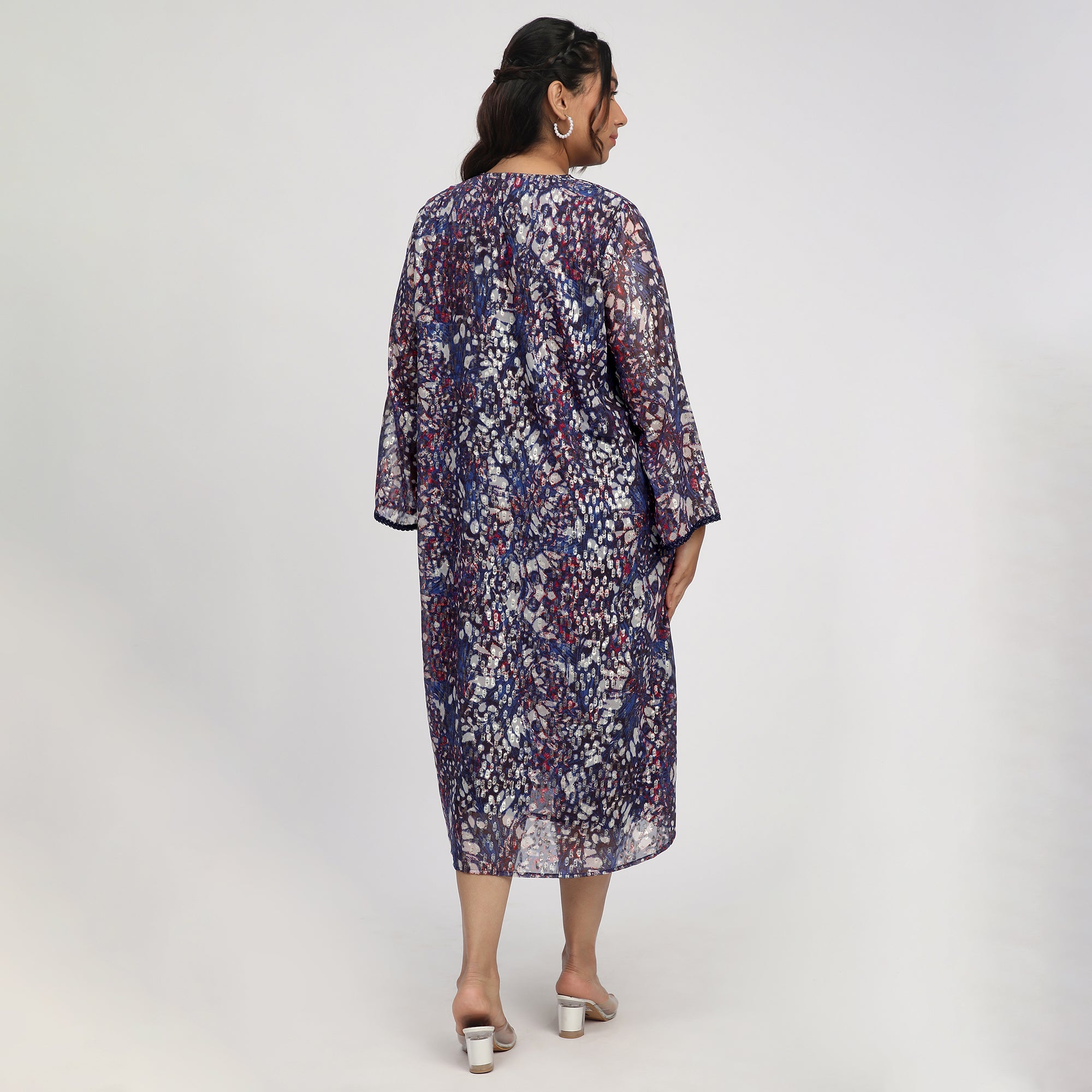 Navy Blue Plus Size Abstract Print Ethnic Dress with Lace Insert