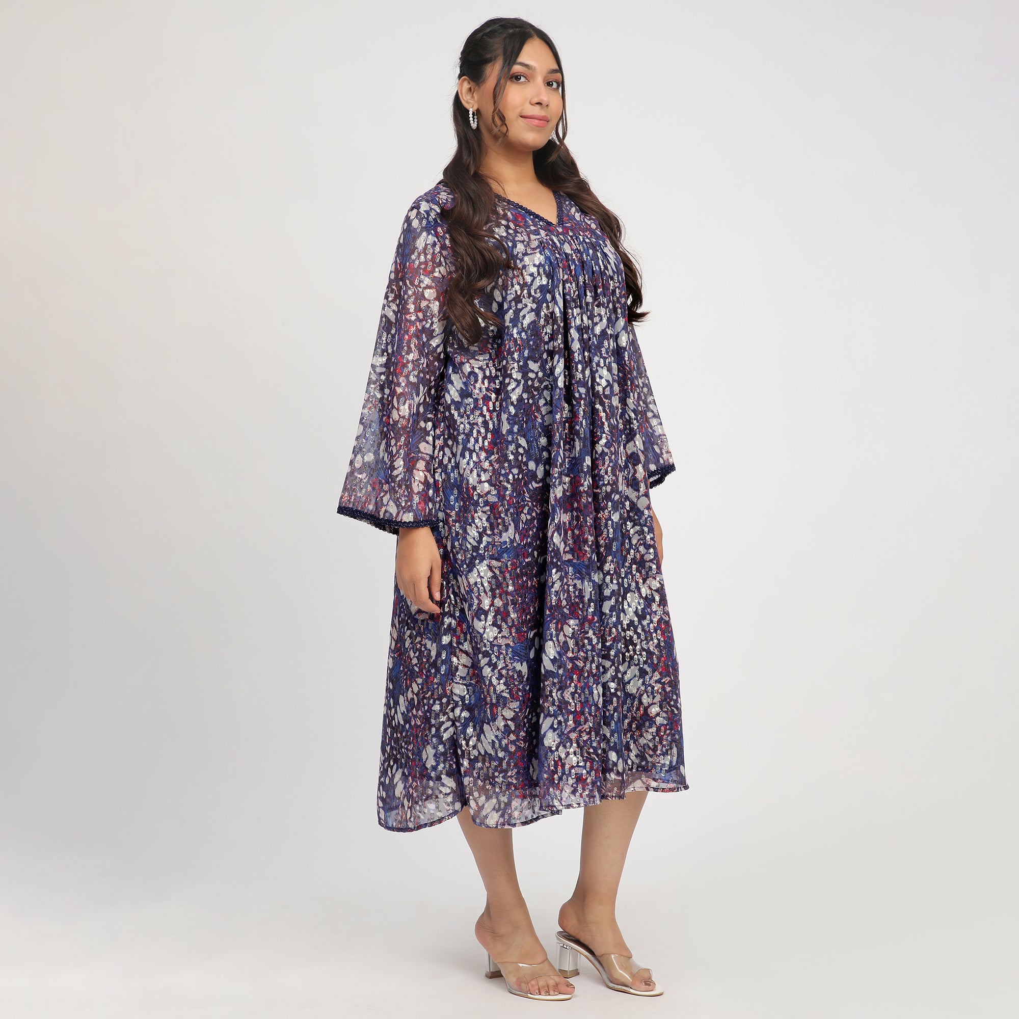 Navy Blue Plus Size Abstract Print Ethnic Dress with Lace Insert