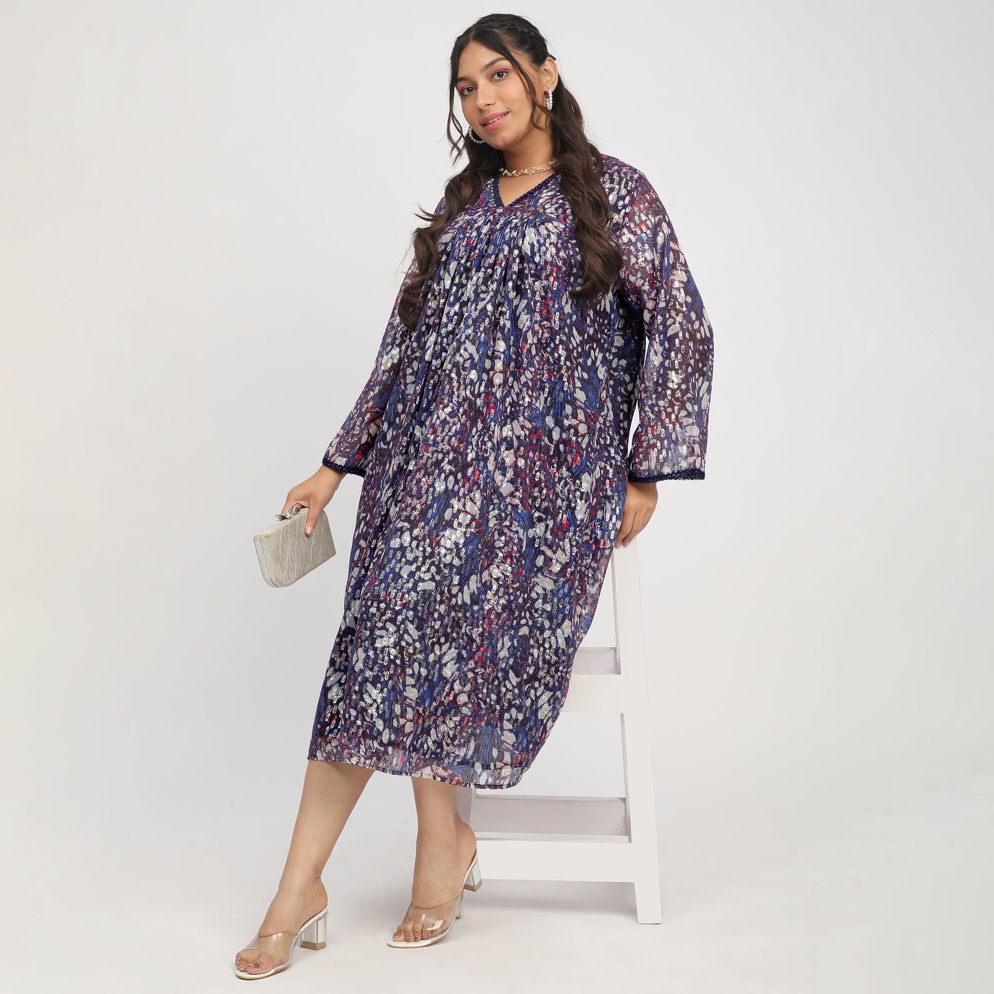 Navy Blue Plus Size Abstract Print Ethnic Dress with Lace Insert