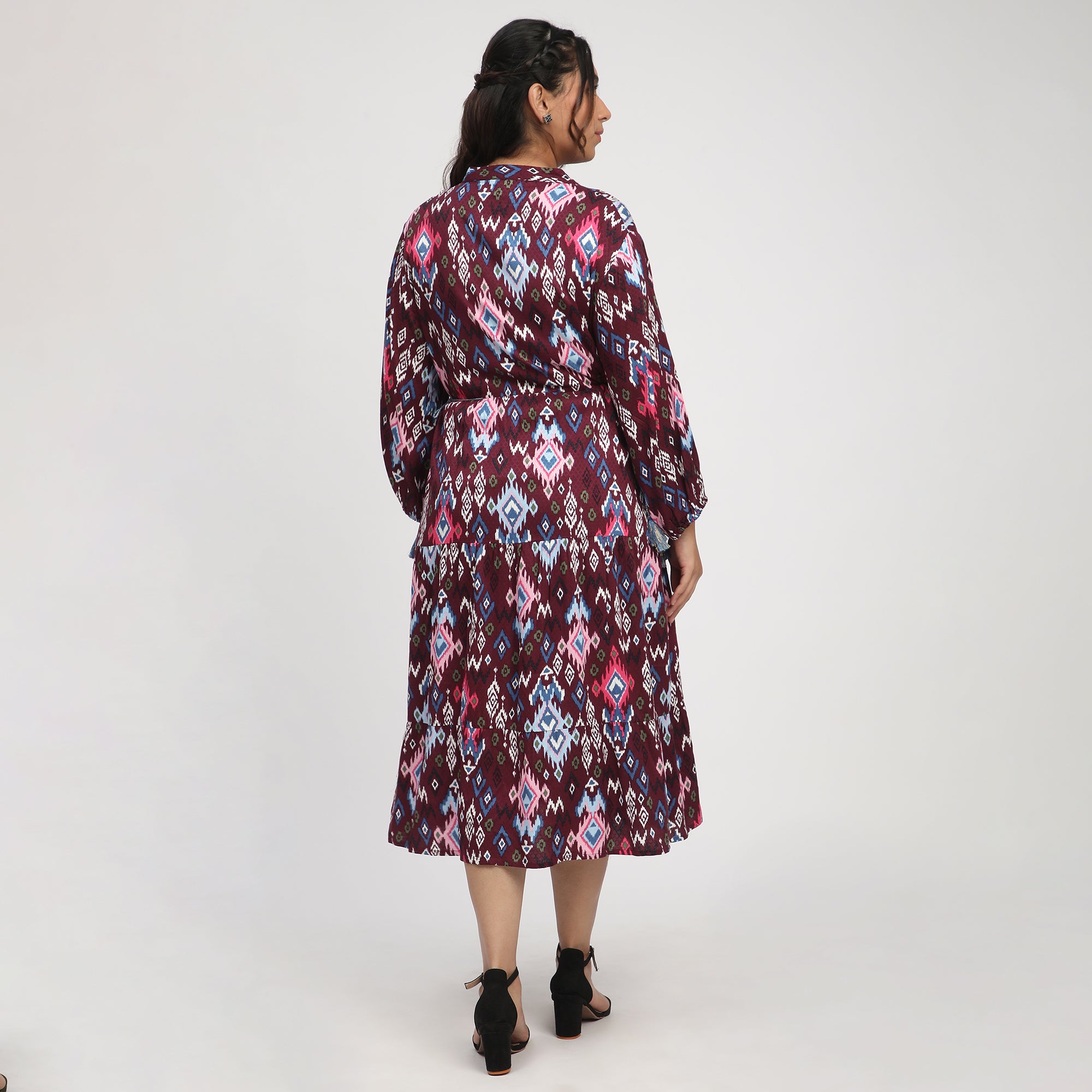 Burgundy Plus Size Ikat Printed Ethnic Dress