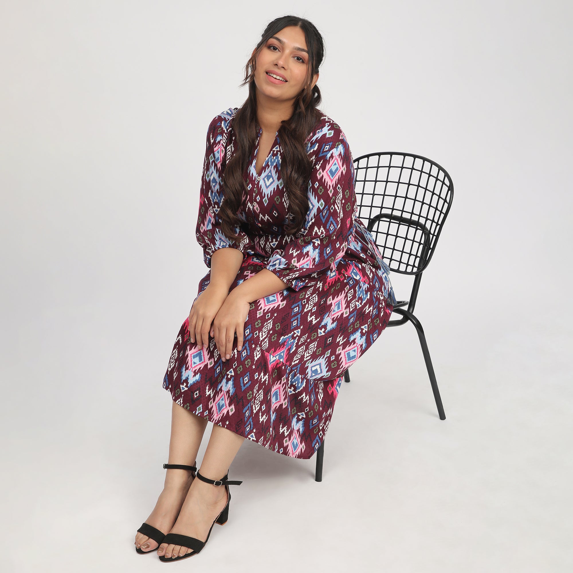 Burgundy Plus Size Ikat Printed Ethnic Dress