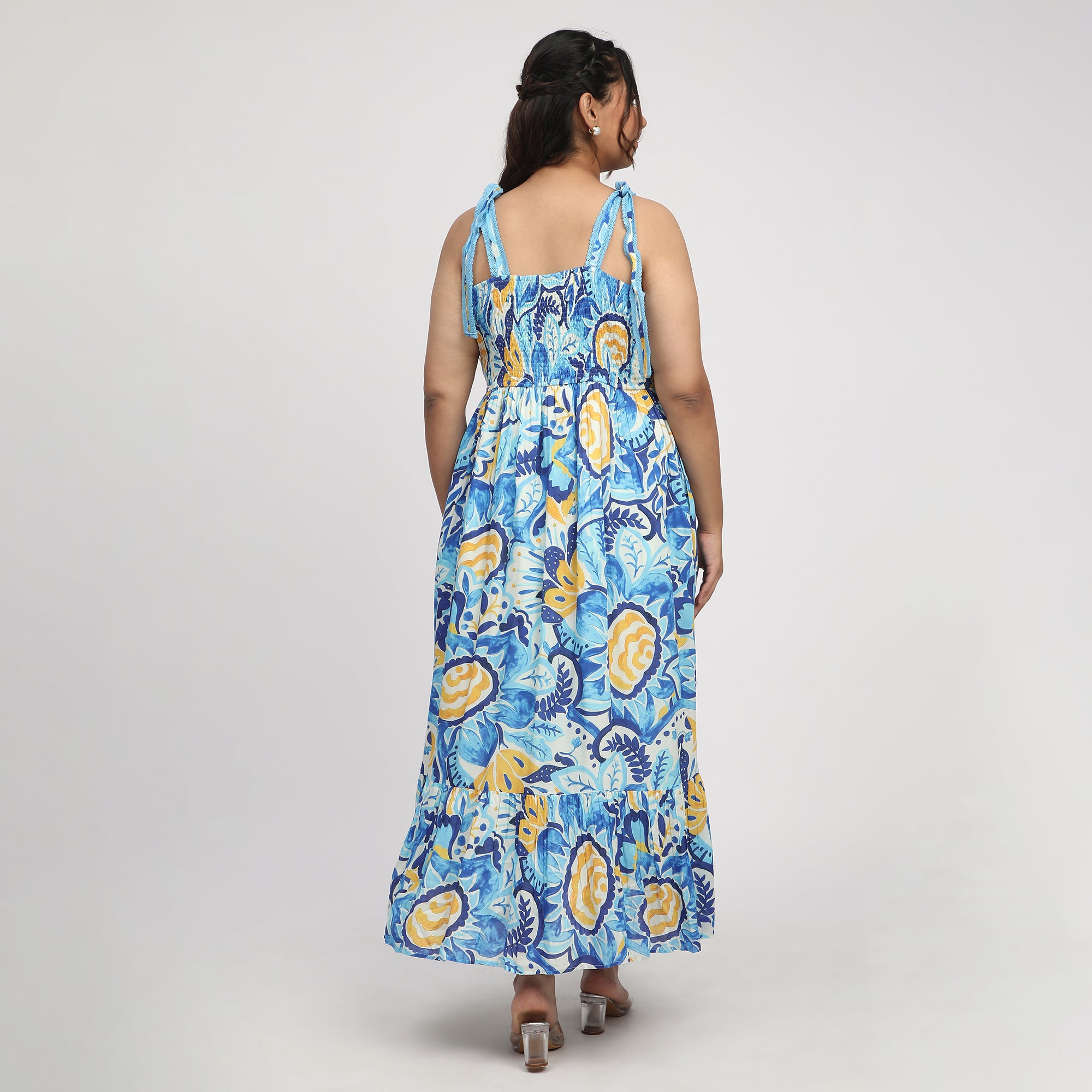 Blue Plus Size Abstract Print Maxi Summer Dress with Tie-Ups