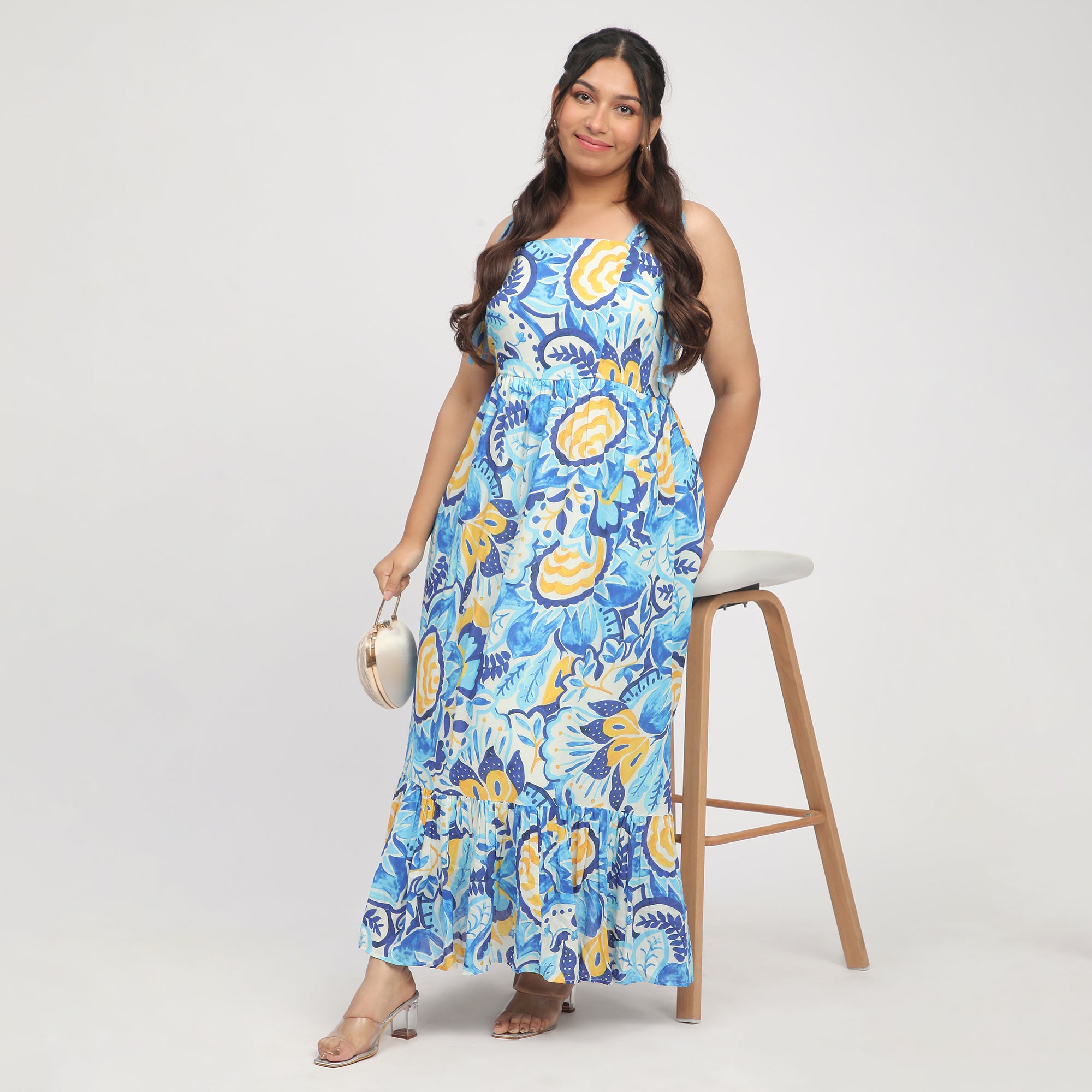 Blue Plus Size Abstract Print Maxi Summer Dress with Tie-Ups