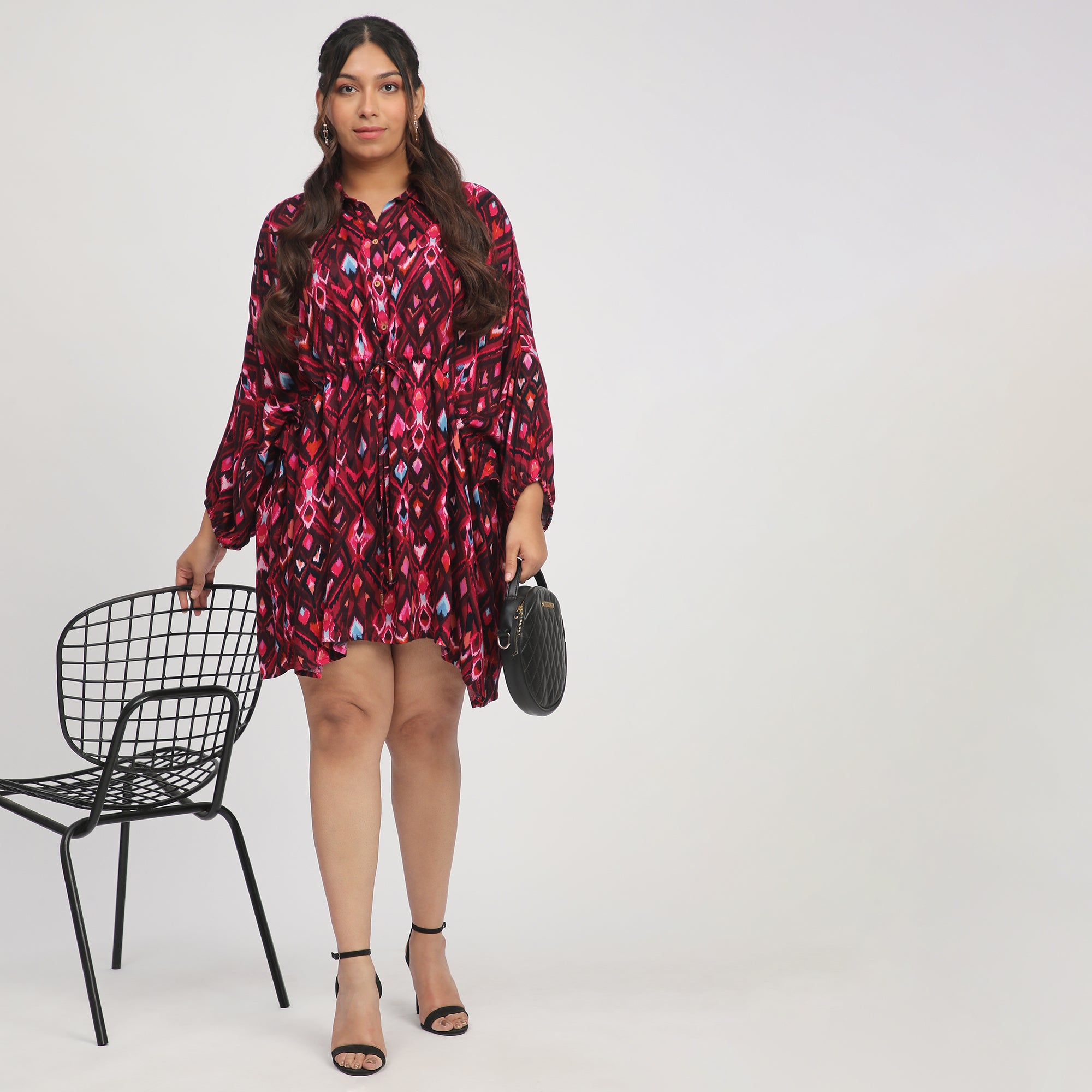 Dark Pink Plus Size Ikat Print Kaftan with Drawstrings