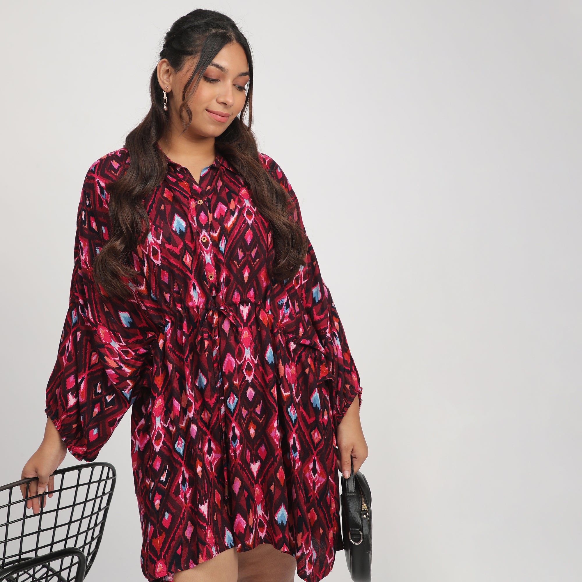 Dark Pink Plus Size Ikat Print Kaftan with Drawstrings