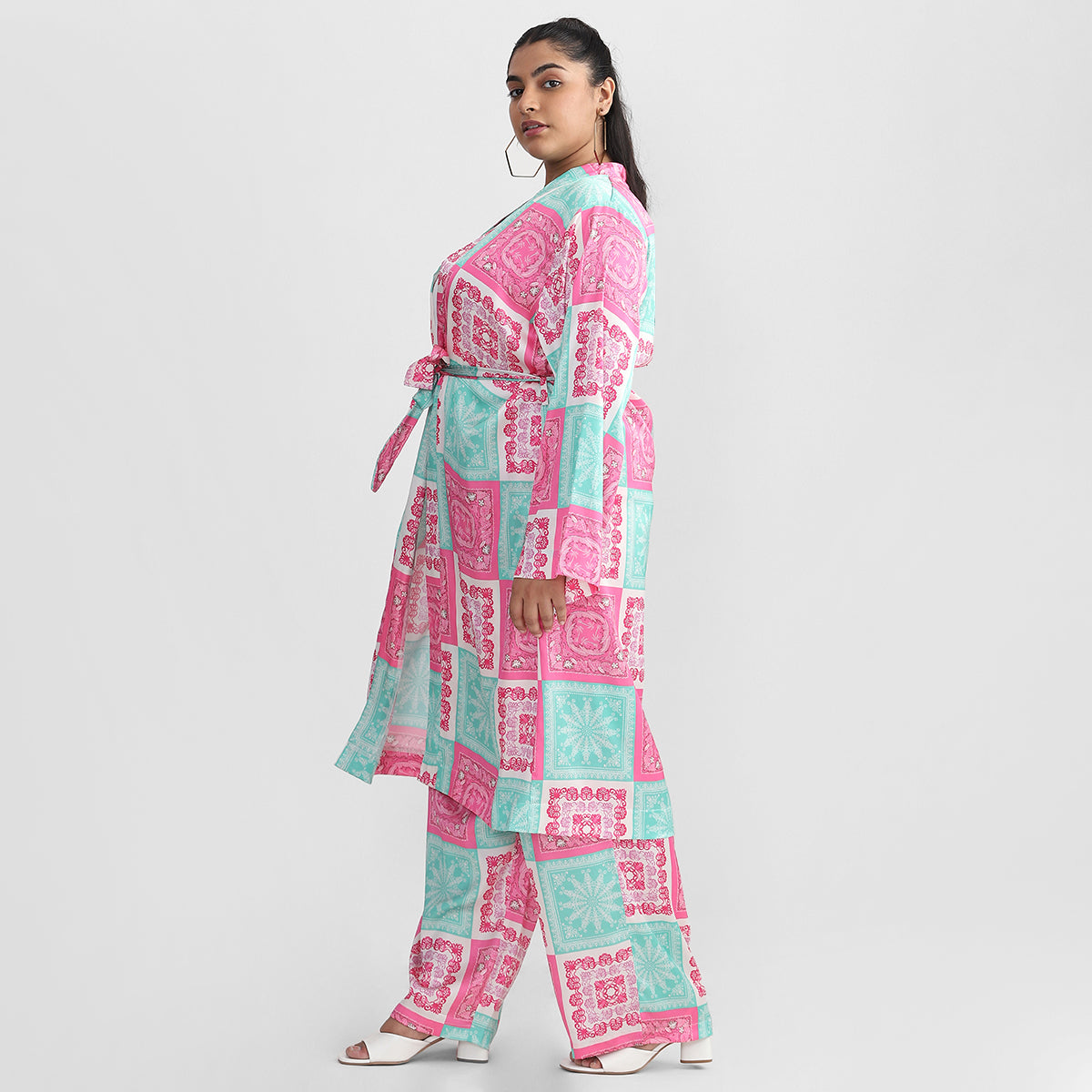 Pink And Green Tile Print Satin Robe Set