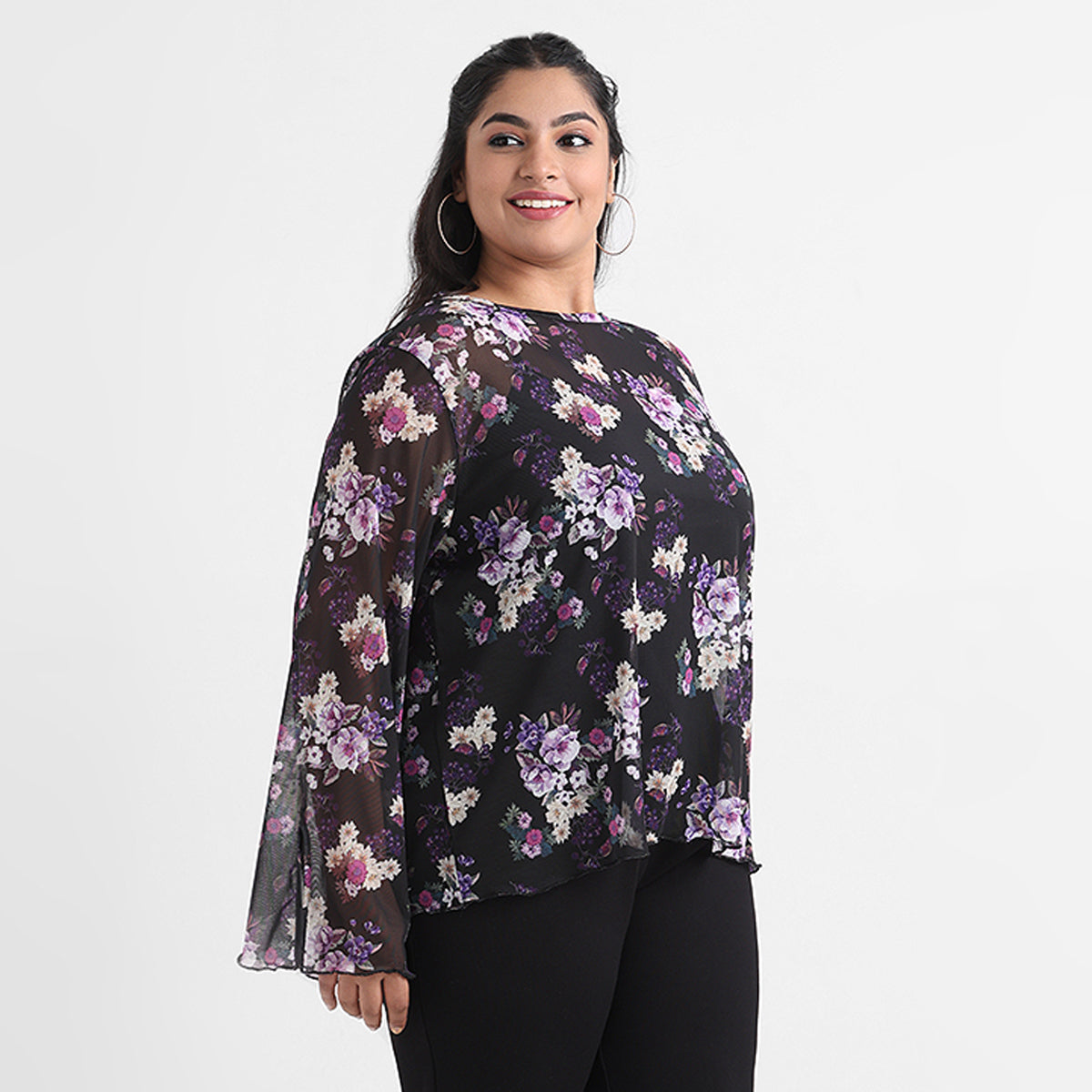 Black Floral Print Boat Neck Mesh Top