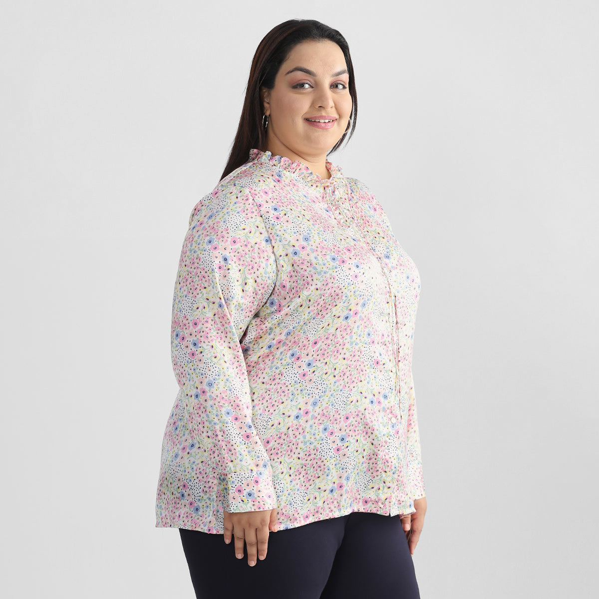 White Floral Printed Ruffle Neck Satin Shirt