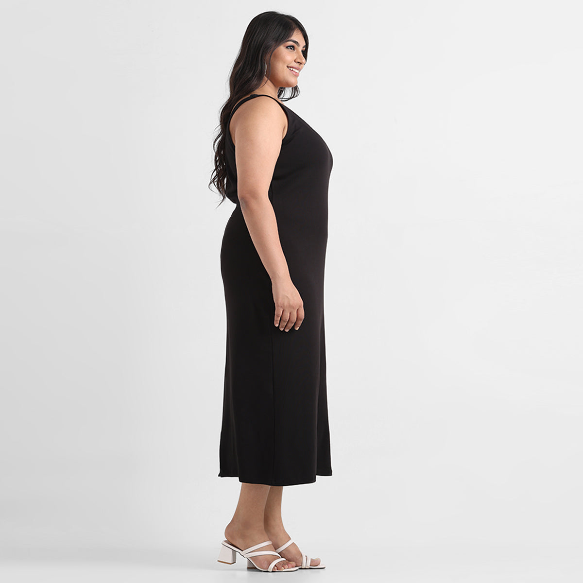 Black Ribbed Sleeveless Cotton Bodycon Midi Dress