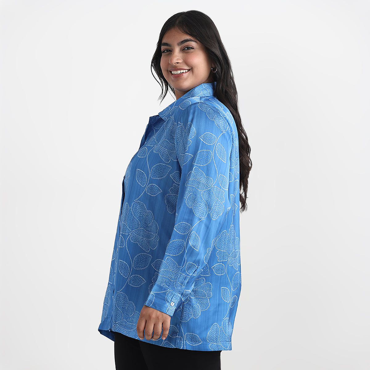 Blue Satin Print Basic Shirt