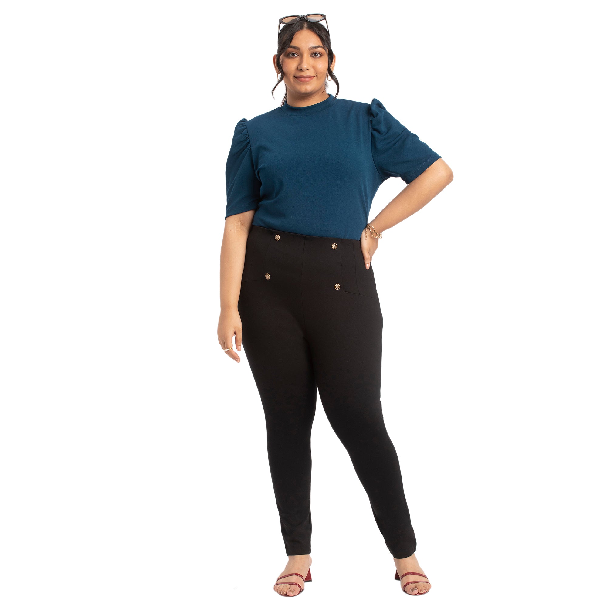 Blue textured knit puff sleeves top